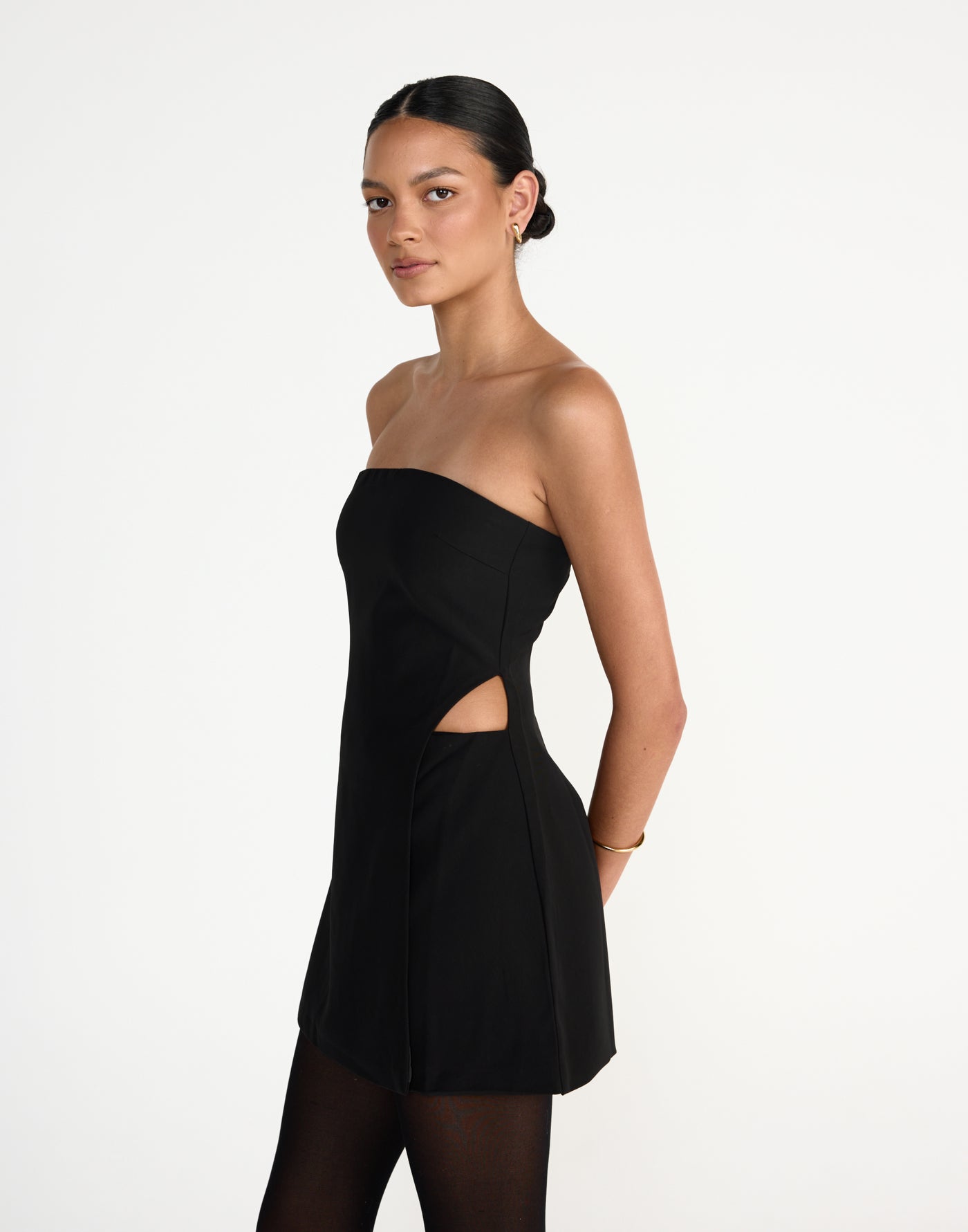 Gabby Mini Dress (Black) | CHARCOAL Exclusive - Wrapped Layered look strapless mini dress with side cut out - Women's Dress - Charcoal Clothing