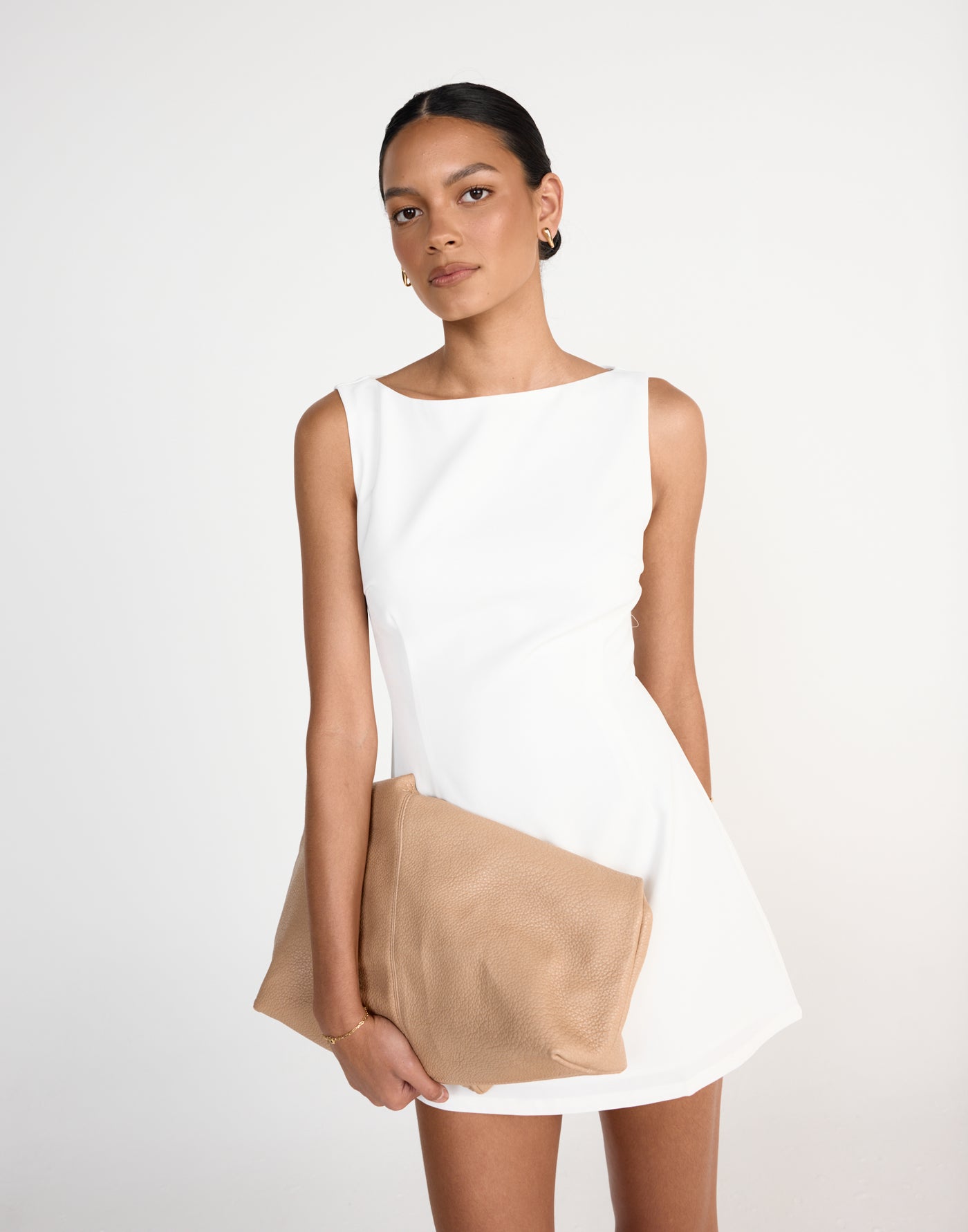Aisling Mini Dress (White) | CHARCOAL Exclusive - Tailored Flared Skirt Boat Neck Mini Dress - Women's Dress - Charcoal Clothing