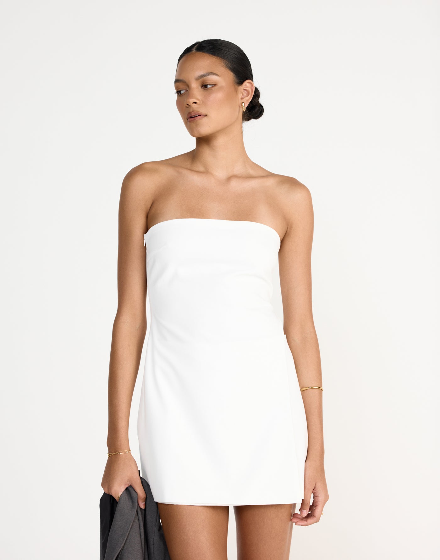 Mariza Mini Dress (White) | CHARCOAL Exclusive - Wrapped Layered look strapless mini dress with side cut out - Women's Dress - Charcoal Clothing