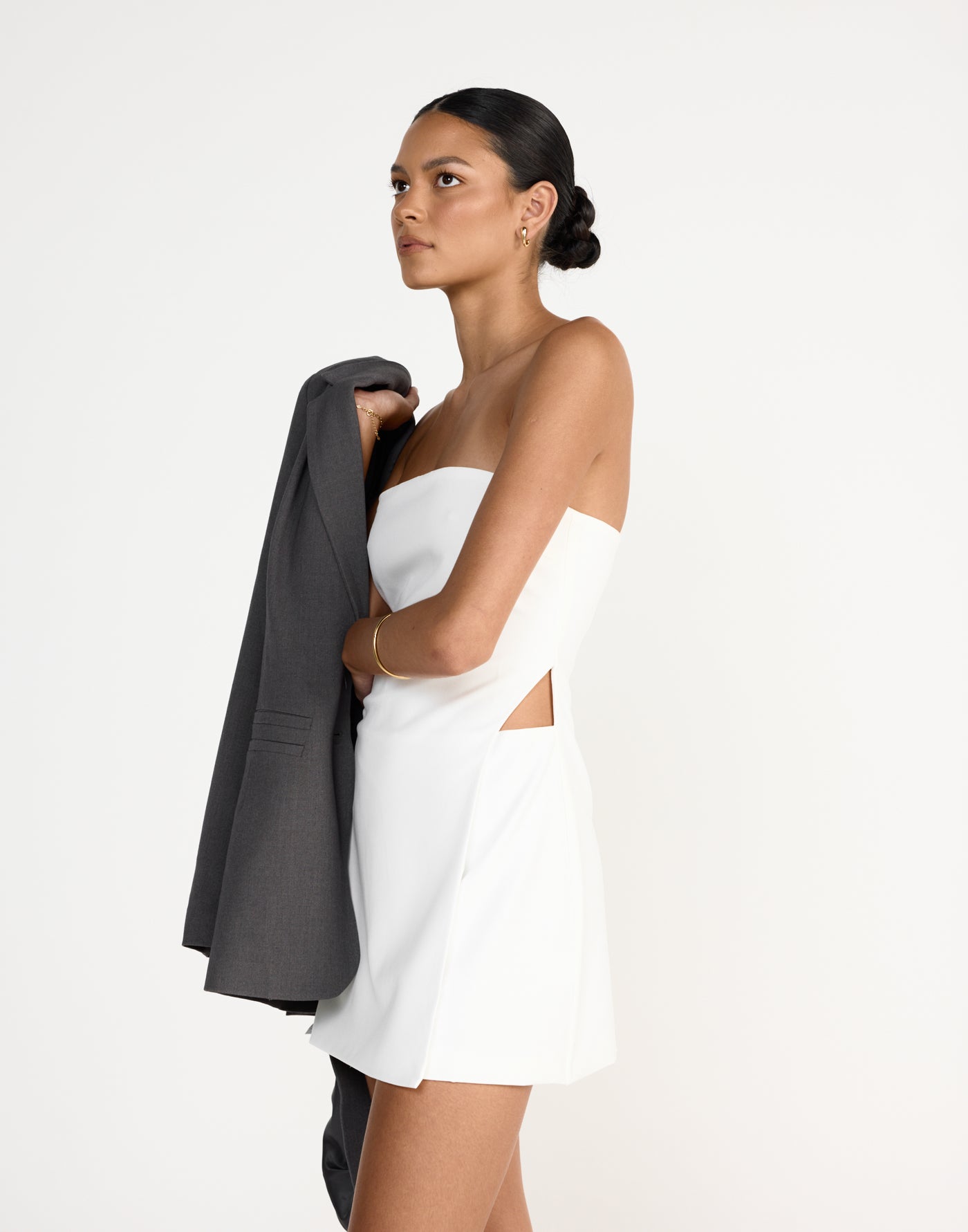 Mariza Mini Dress (White) | CHARCOAL Exclusive - Wrapped Layered look strapless mini dress with side cut out - Women's Dress - Charcoal Clothing