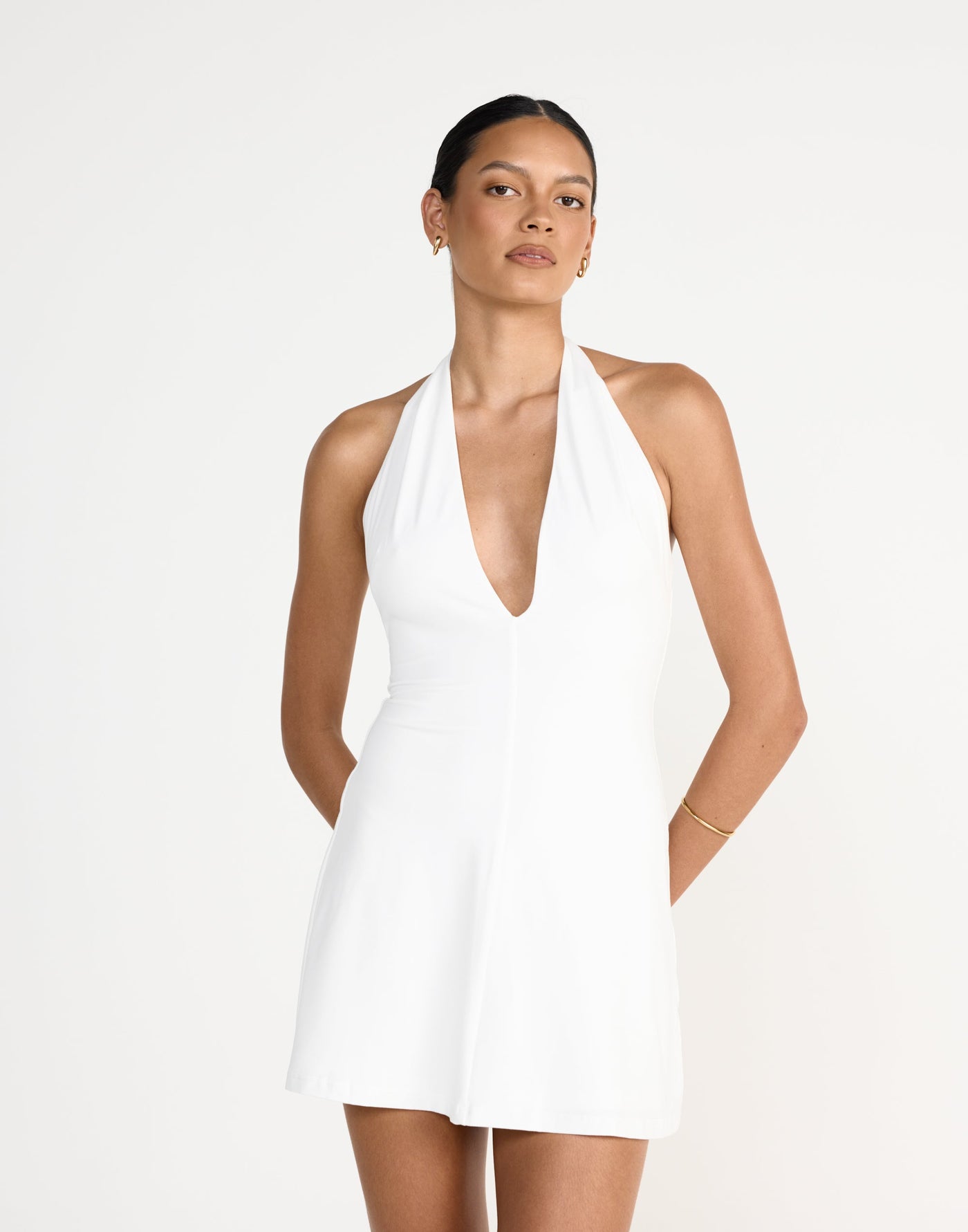 Victoria Mini Dress (White) | Charcoal Clothing Exclusive - Halter V-Neck Butter Jersey Mini Dress - Women's Dress - Charcoal Clothing