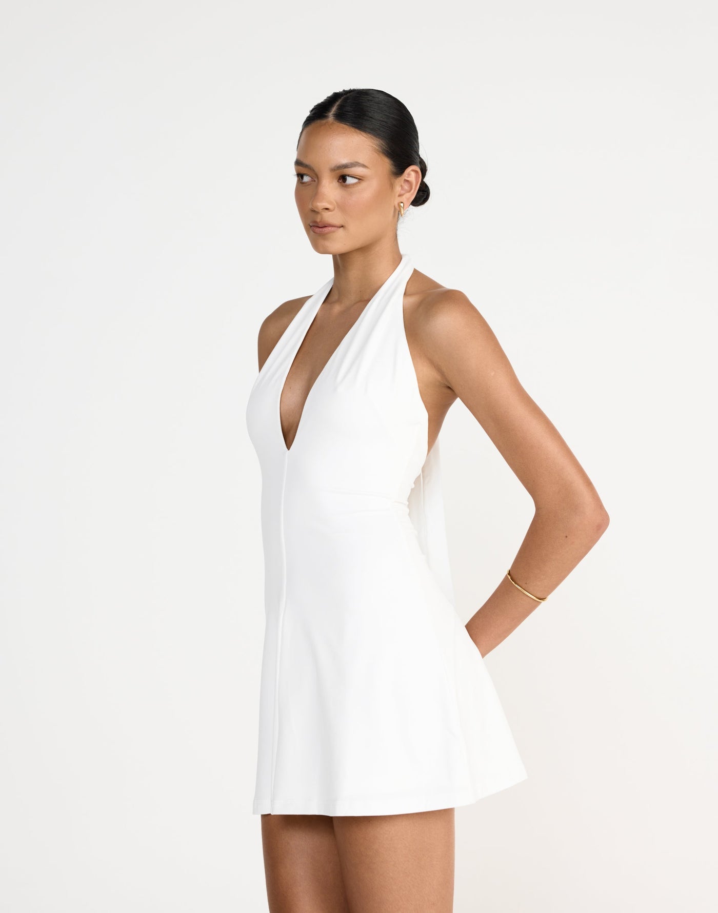 Victoria Mini Dress (White) | Charcoal Clothing Exclusive - Halter V-Neck Butter Jersey Mini Dress - Women's Dress - Charcoal Clothing