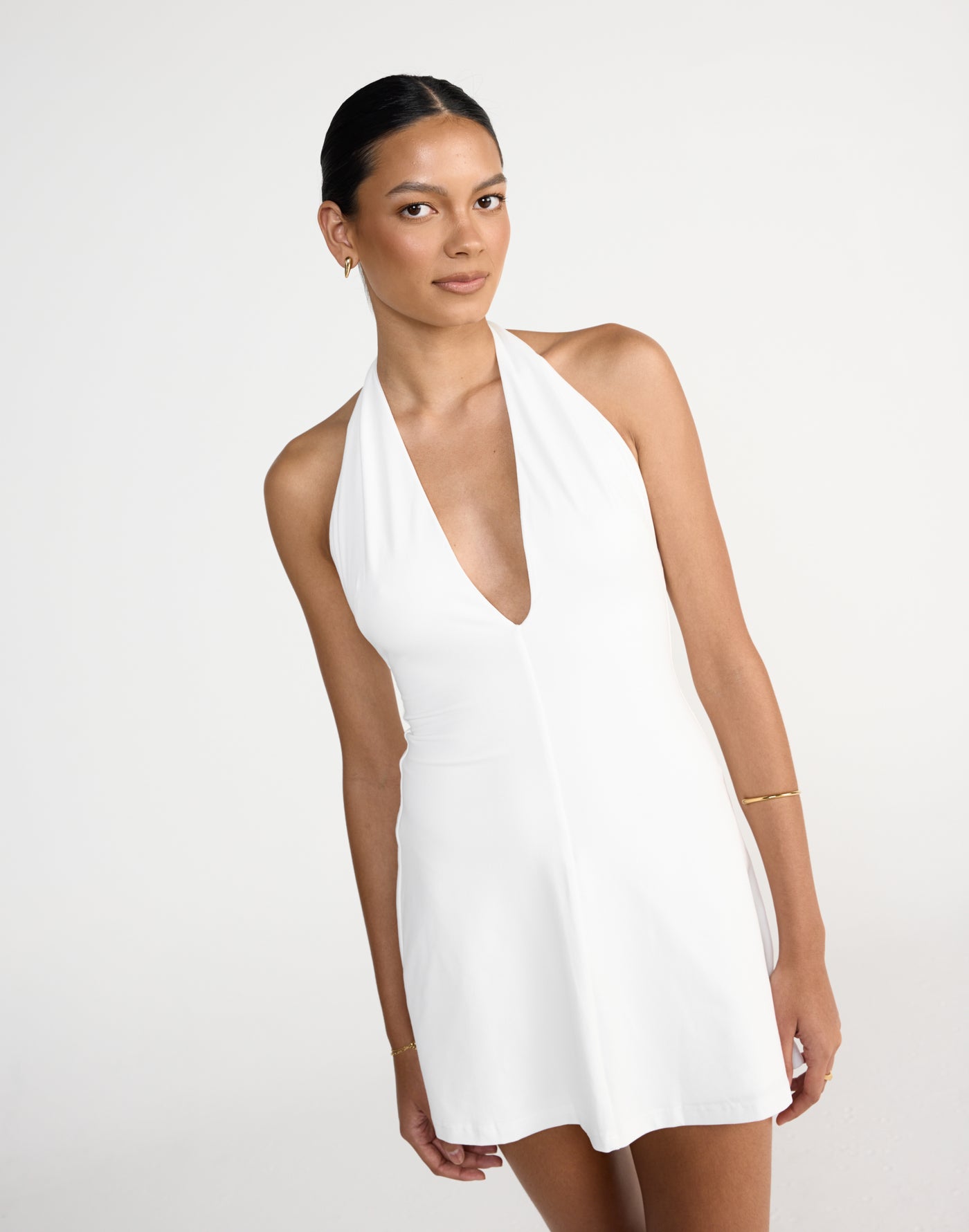 Victoria Mini Dress (White) | Charcoal Clothing Exclusive - Halter V-Neck Butter Jersey Mini Dress - Women's Dress - Charcoal Clothing