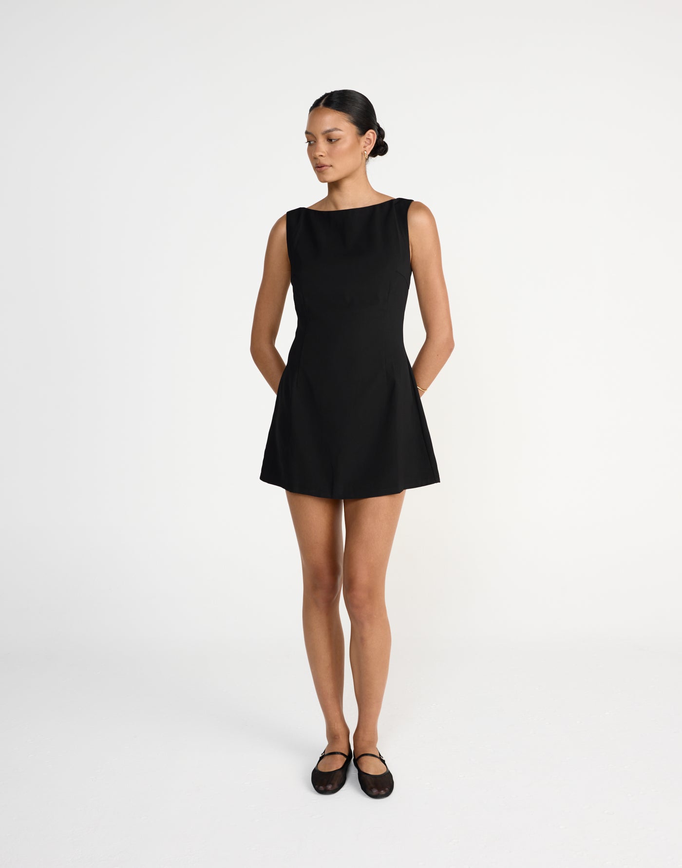 Aisling Mini Dress (Black) | CHARCOAL Exclusive - Suiting A-line Boat Neck Mini Dress - Women's Dress - Charcoal Clothing