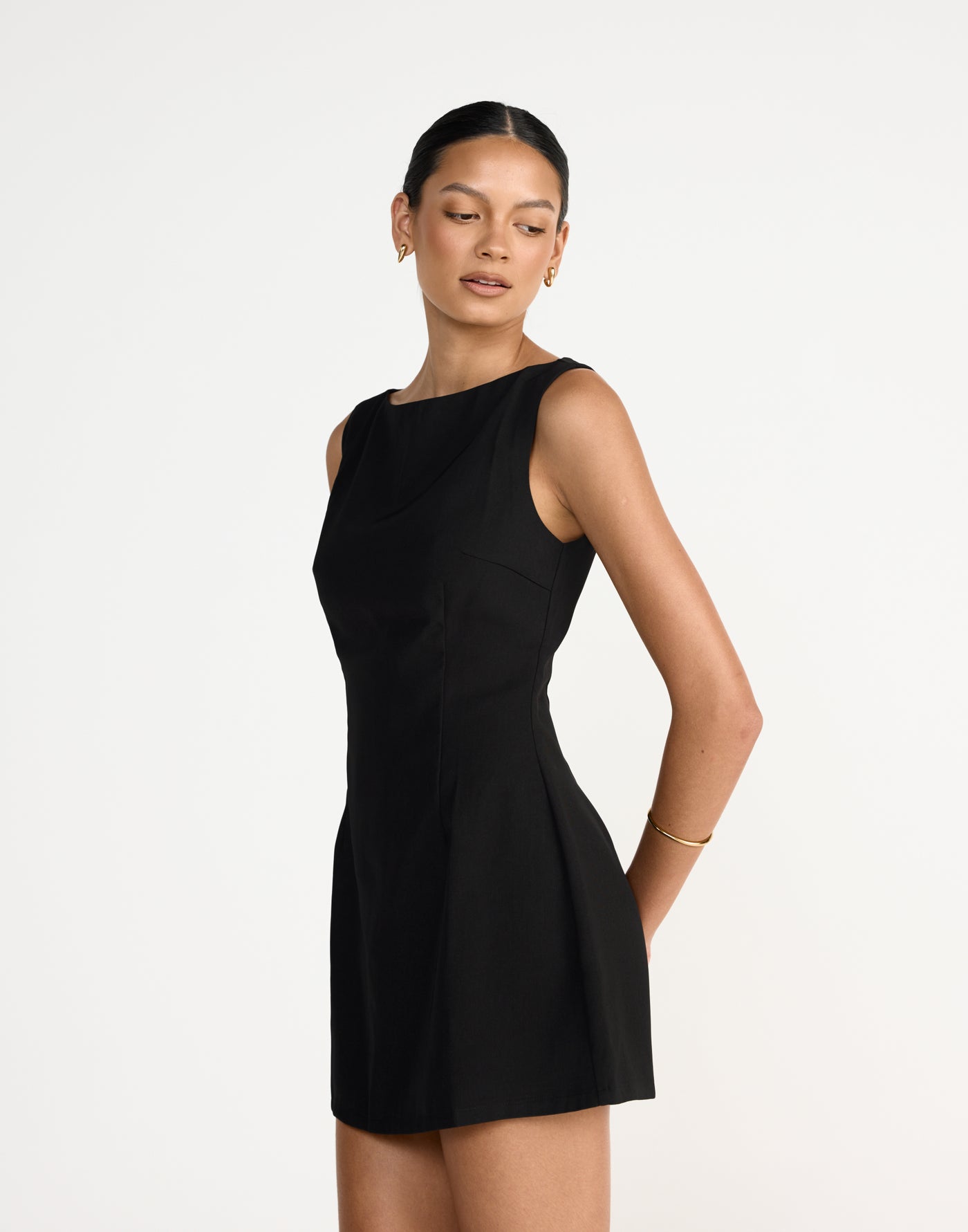 Aisling Mini Dress (Black) | CHARCOAL Exclusive - Suiting A-line Boat Neck Mini Dress - Women's Dress - Charcoal Clothing