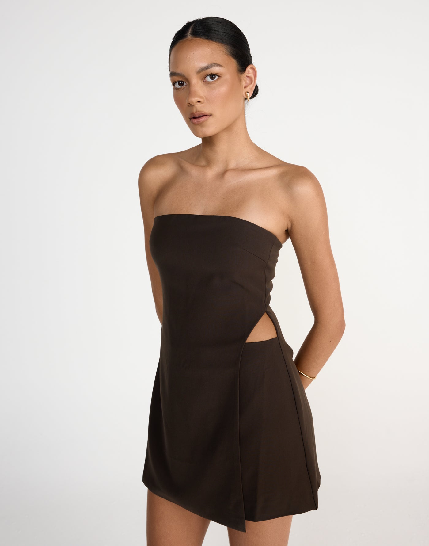Gabby Mini Dress (Chocolate) | CHARCOAL Exclusive - Wrapped Layered look strapless mini dress with side cut out - Women's Dress - Charcoal Clothing