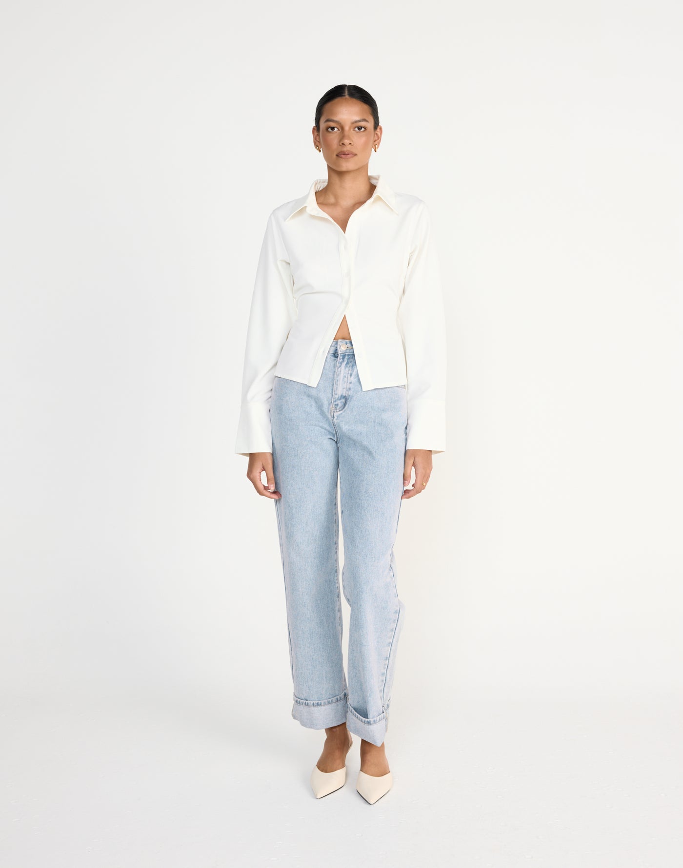 Alice Shirt (White) | CHARCOAL Exclusive - Fitted Button Up Shirt Adjustable Waist Tie - Women's Top - Charcoal Clothing