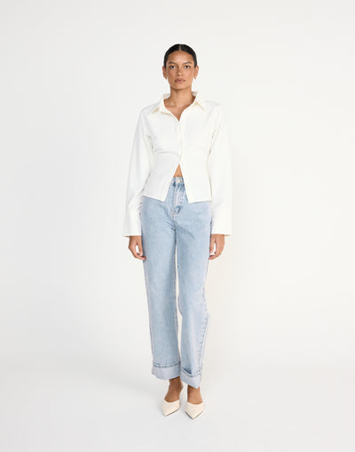 Alice Shirt (White) | CHARCOAL Exclusive - Fitted Button Up Shirt Adjustable Waist Tie - Women's Top - Charcoal Clothing