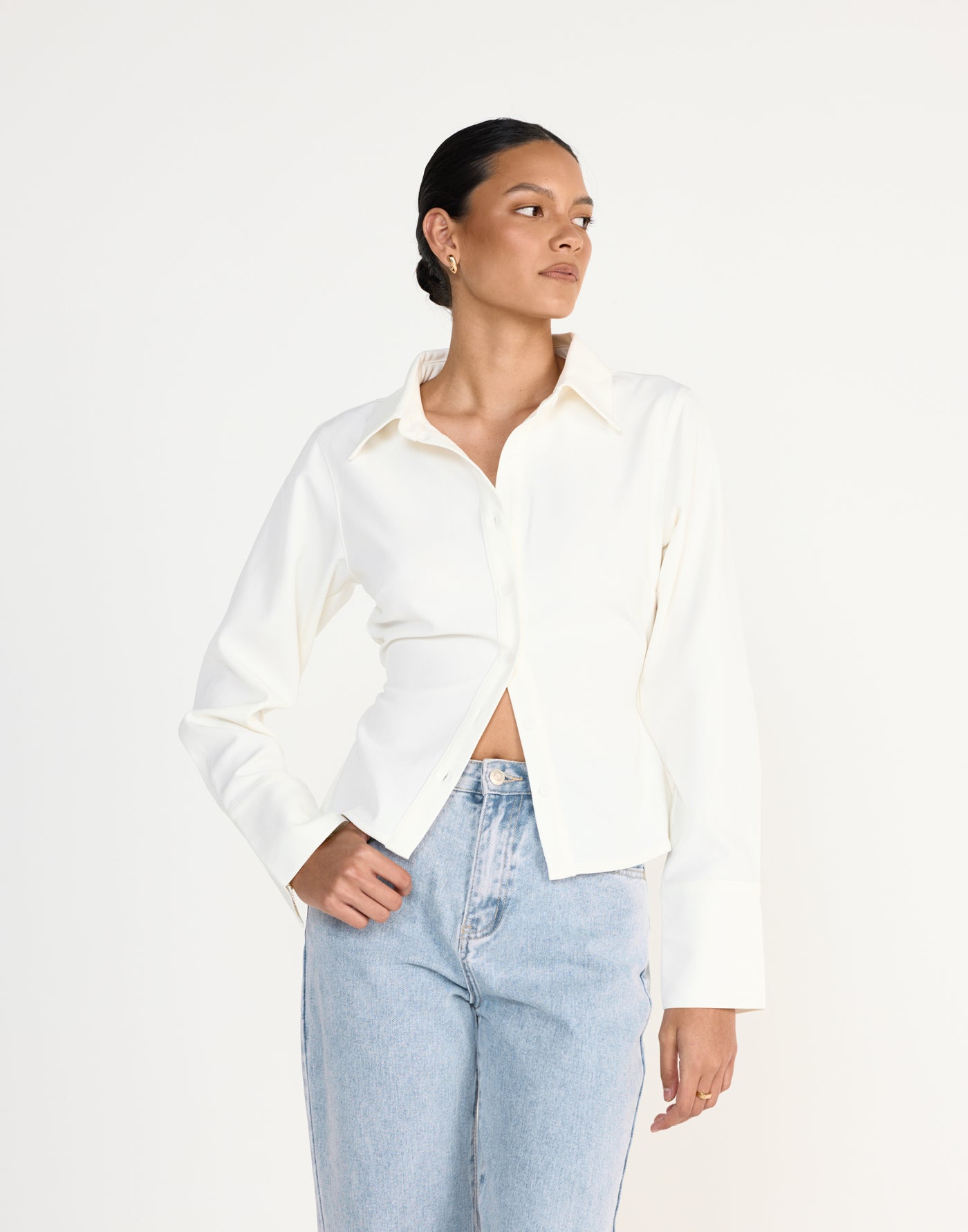 Alice Shirt (White) | CHARCOAL Exclusive - Fitted Button Up Shirt Adjustable Waist Tie - Women's Top - Charcoal Clothing
