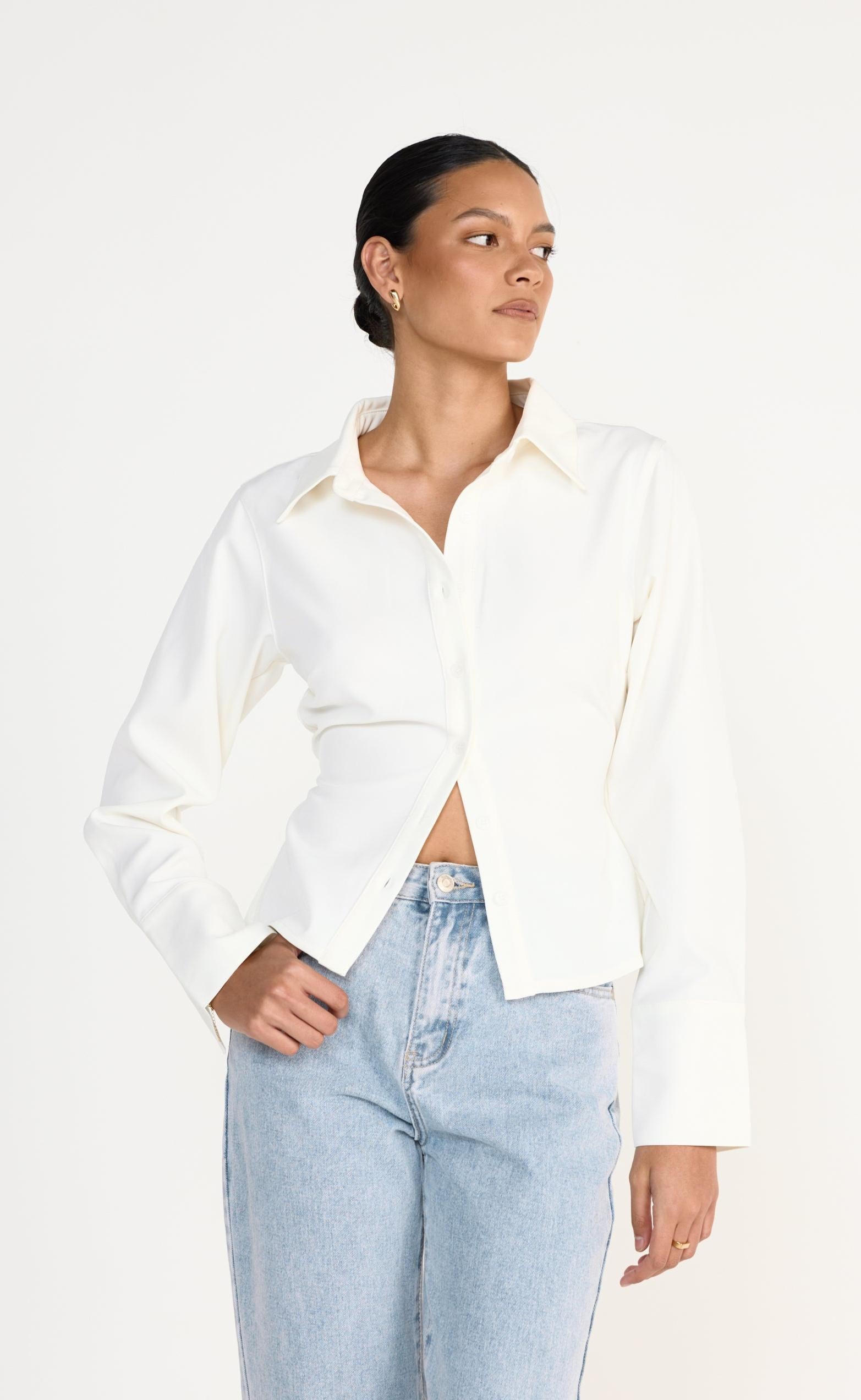 Alice Shirt (White) | CHARCOAL Exclusive - Fitted Button Up Shirt Adjustable Waist Tie - Women's Top - Charcoal Clothing
