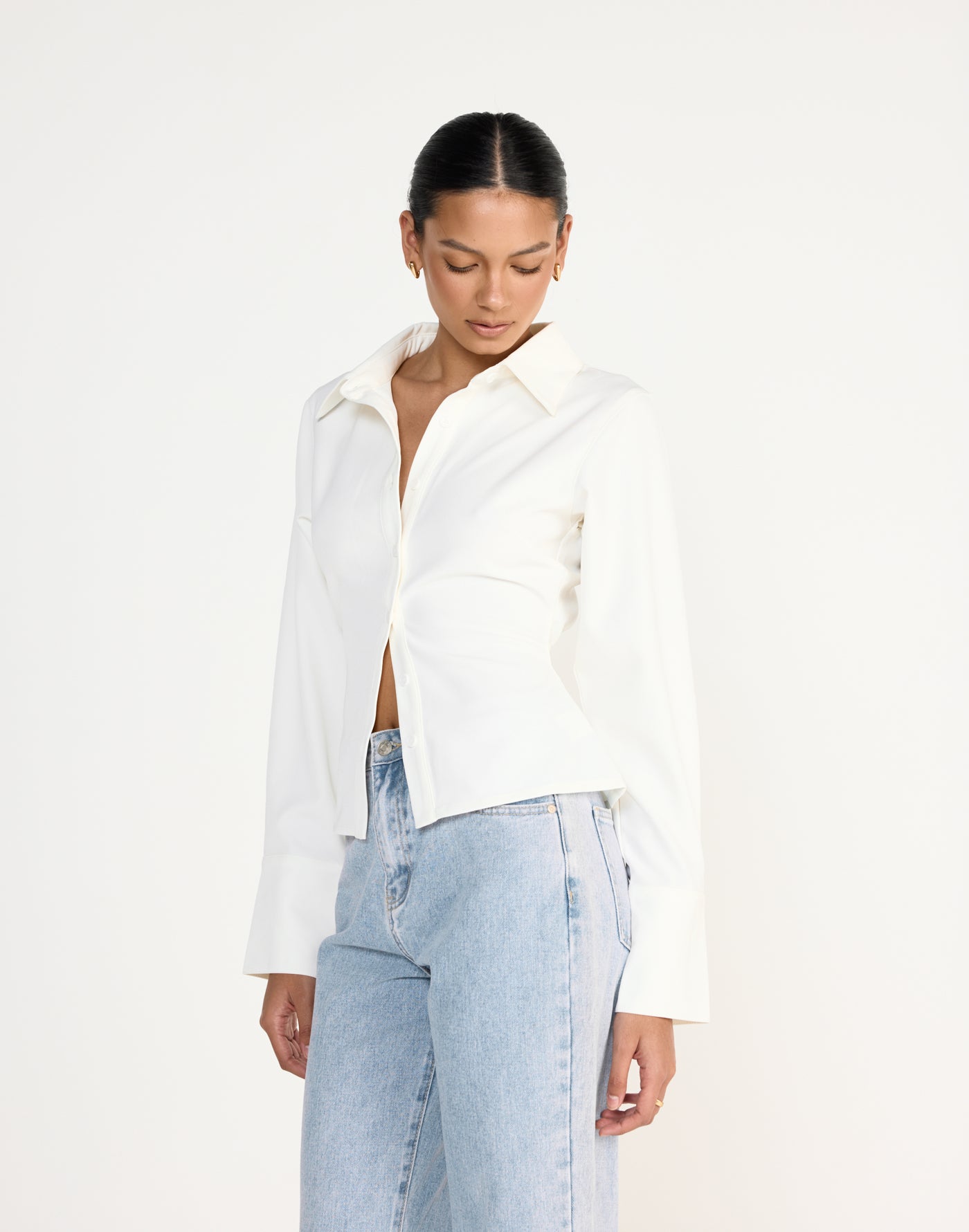 Alice Shirt (White) | CHARCOAL Exclusive - Fitted Button Up Shirt Adjustable Waist Tie - Women's Top - Charcoal Clothing