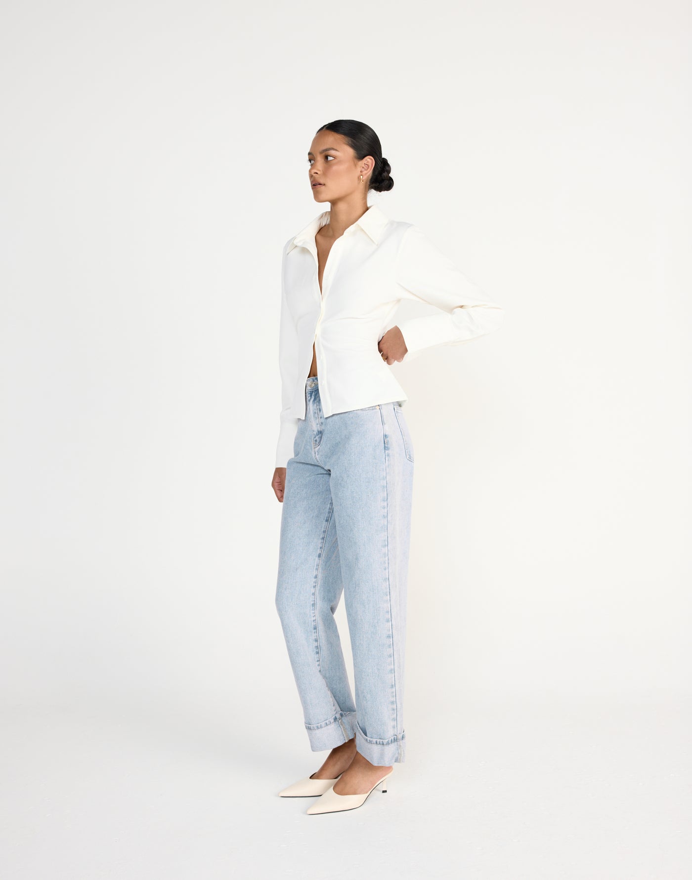Alice Shirt (White) | CHARCOAL Exclusive - Fitted Button Up Shirt Adjustable Waist Tie - Women's Top - Charcoal Clothing