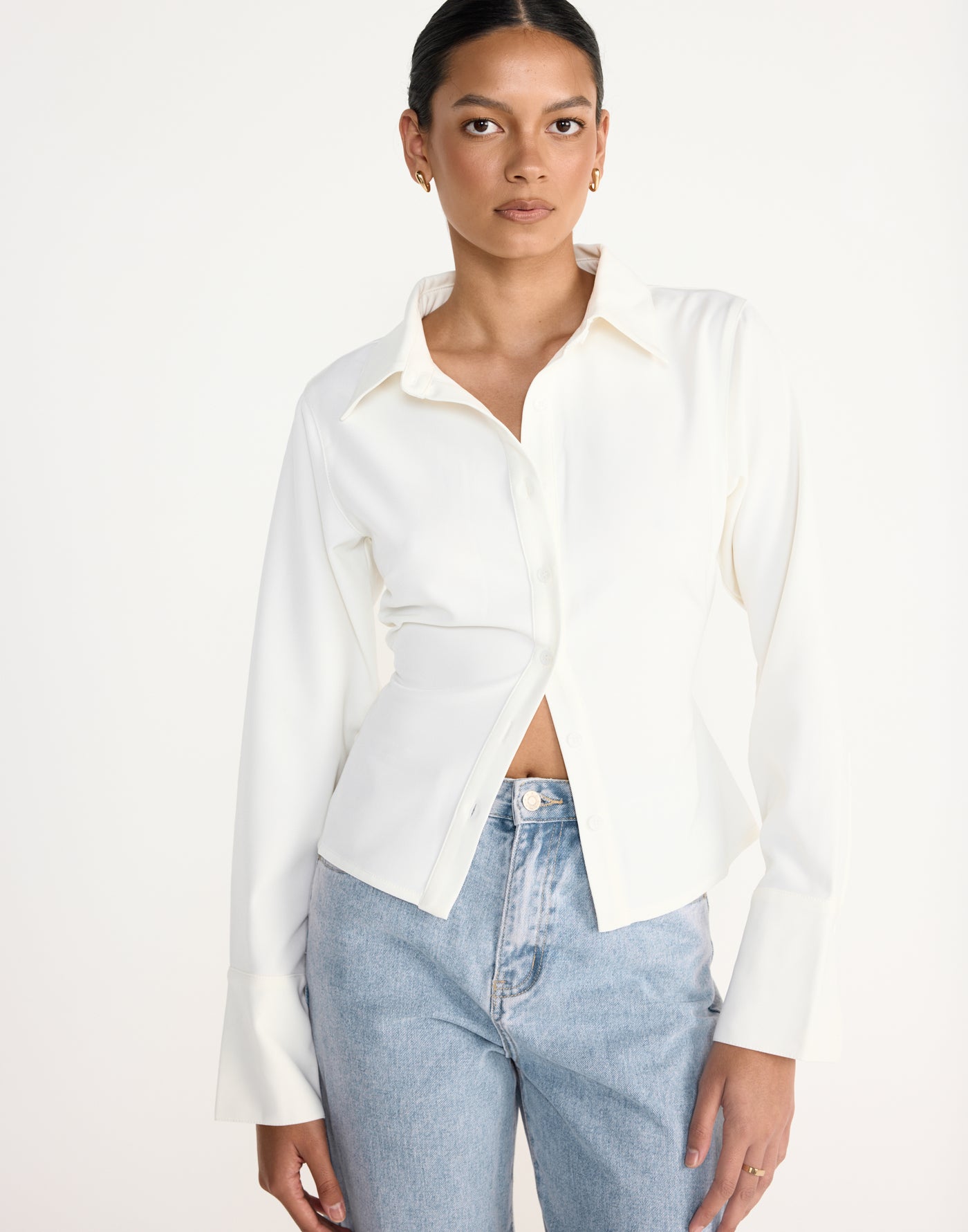 Alice Shirt (White) | CHARCOAL Exclusive - Fitted Button Up Shirt Adjustable Waist Tie - Women's Top - Charcoal Clothing