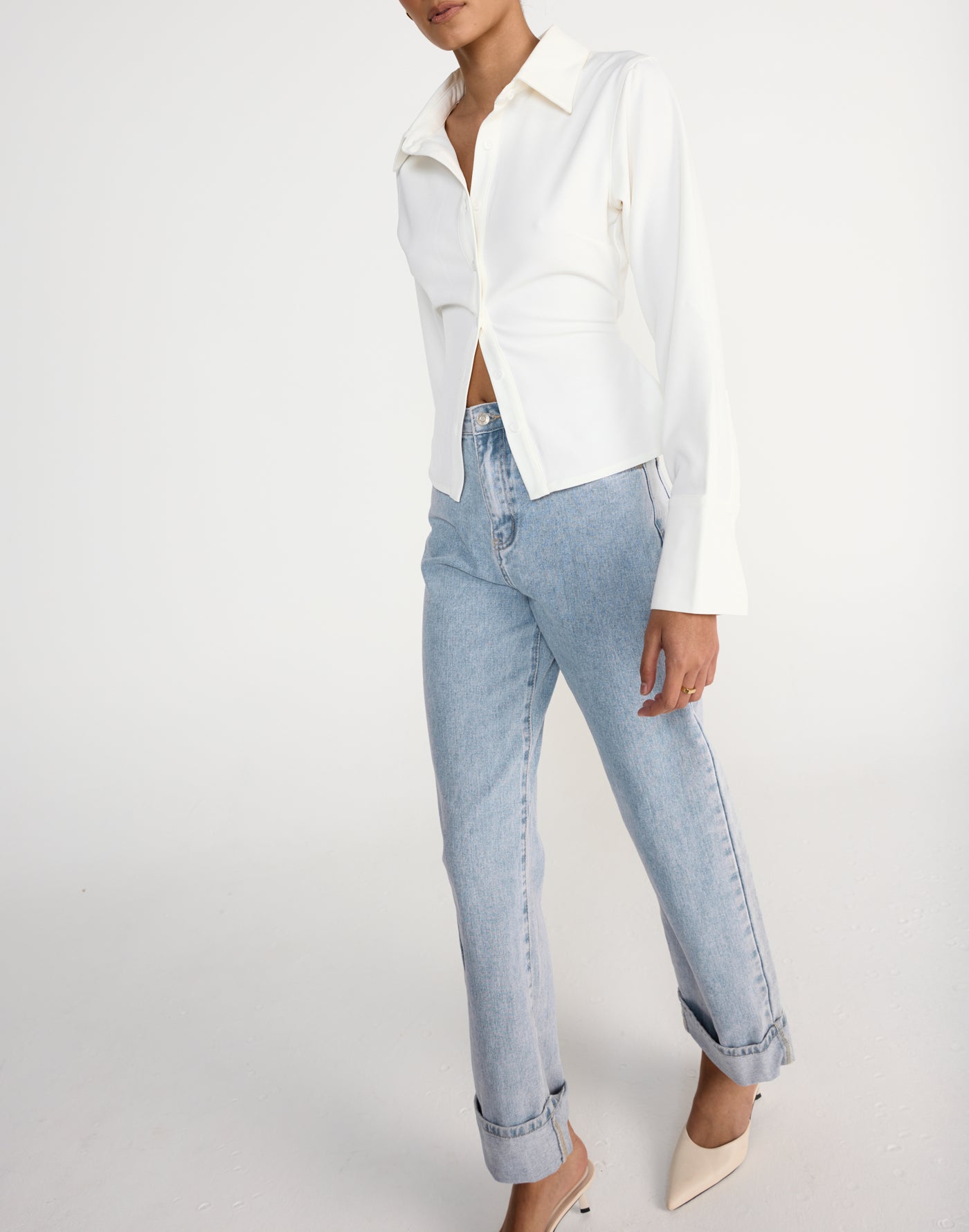 Alice Shirt (White) | CHARCOAL Exclusive - Fitted Button Up Shirt Adjustable Waist Tie - Women's Top - Charcoal Clothing