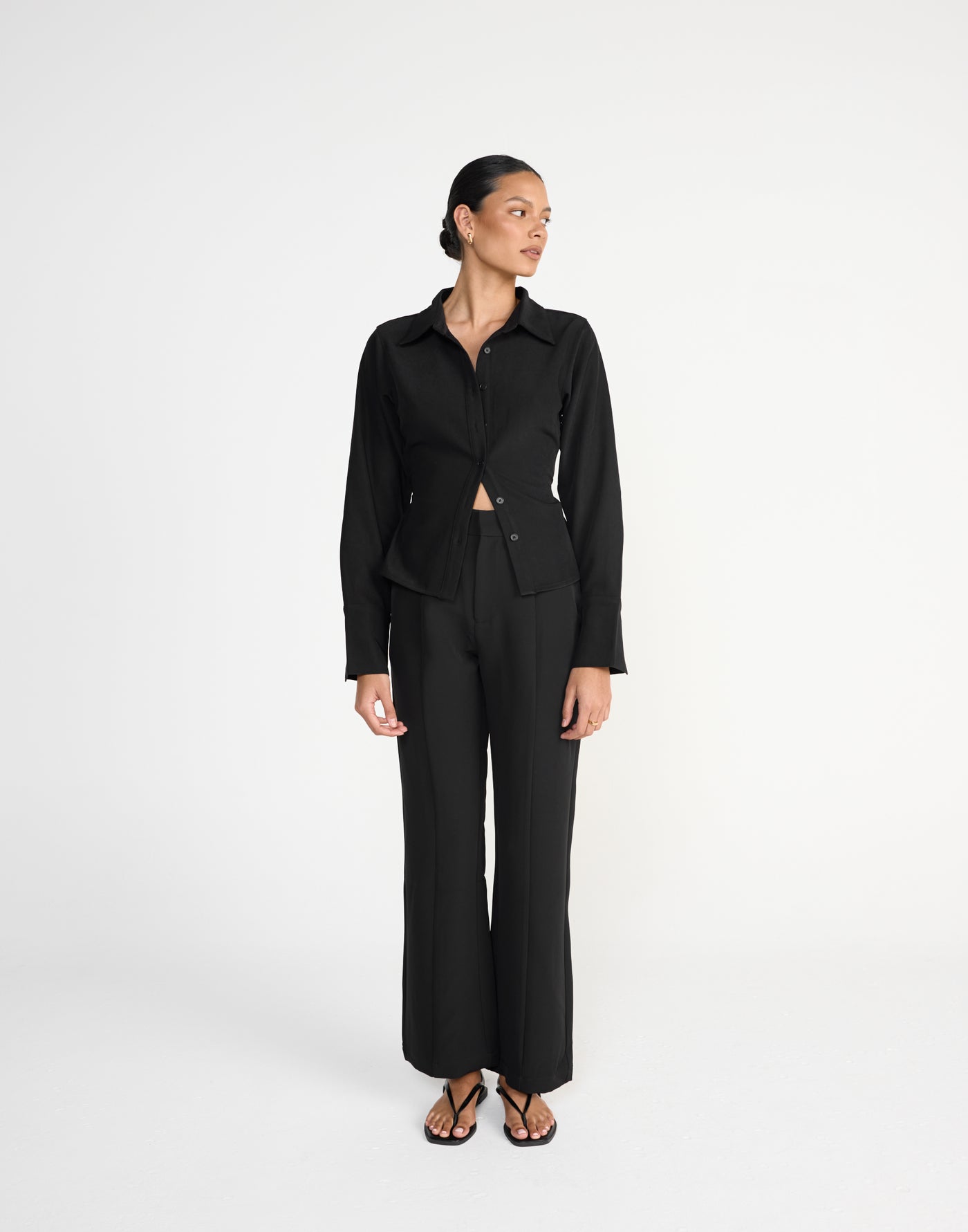 Alice Shirt (Black) | CHARCOAL Exclusive - Fitted Button Up Shirt Adjustable Waist Tie - Women's Top - Charcoal Clothing