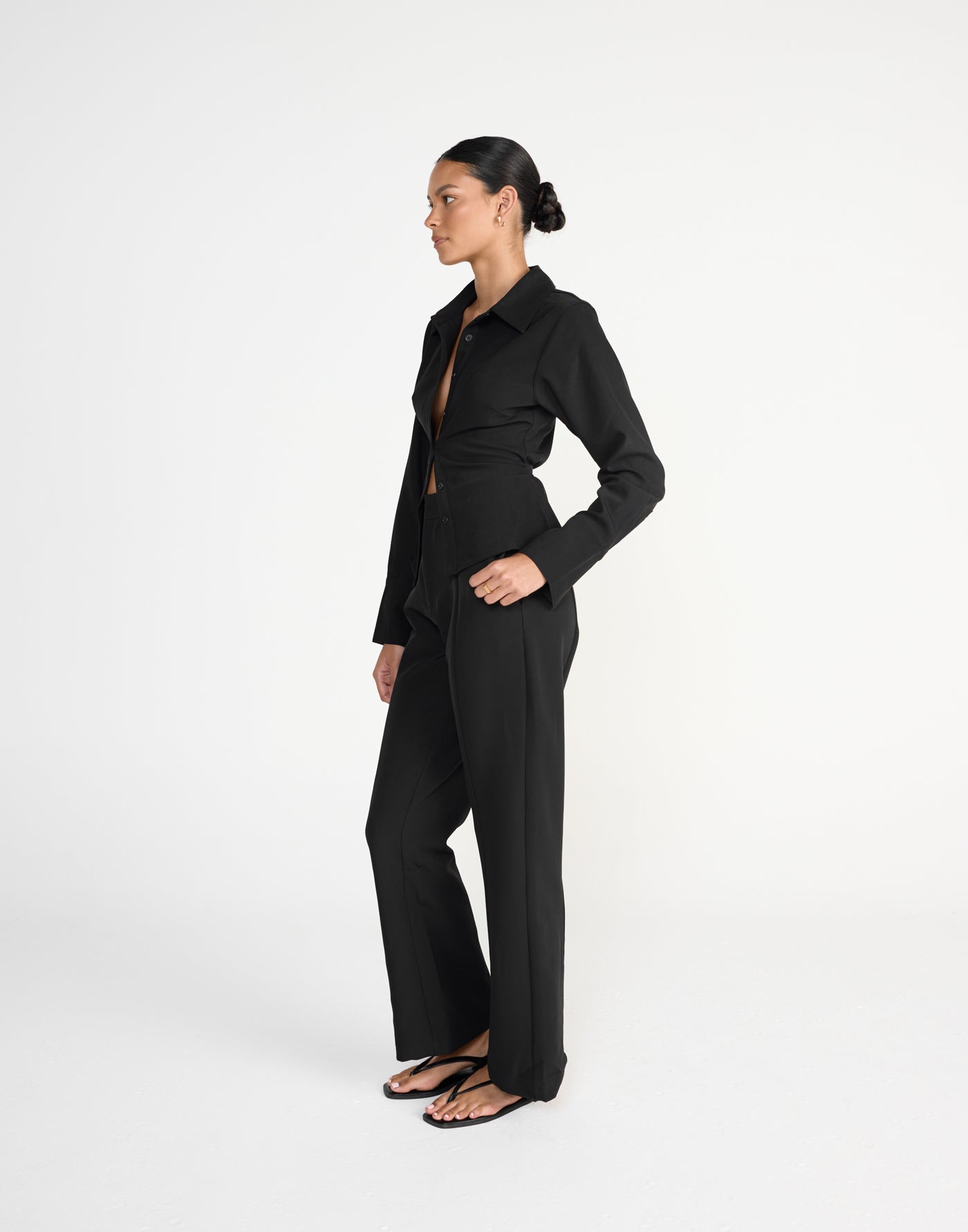 Alice Shirt (Black) | CHARCOAL Exclusive - Fitted Button Up Shirt Adjustable Waist Tie - Women's Top - Charcoal Clothing