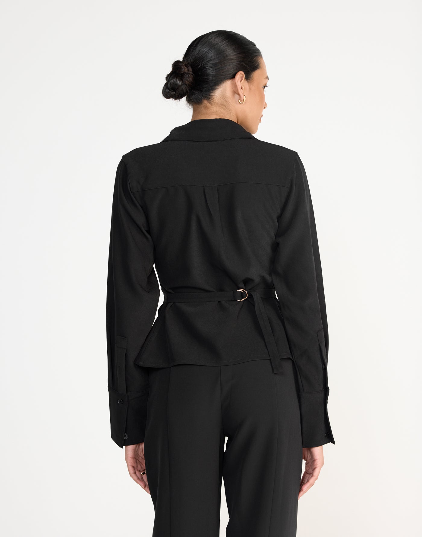 Alice Shirt (Black) | CHARCOAL Exclusive - Fitted Button Up Shirt Adjustable Waist Tie - Women's Top - Charcoal Clothing