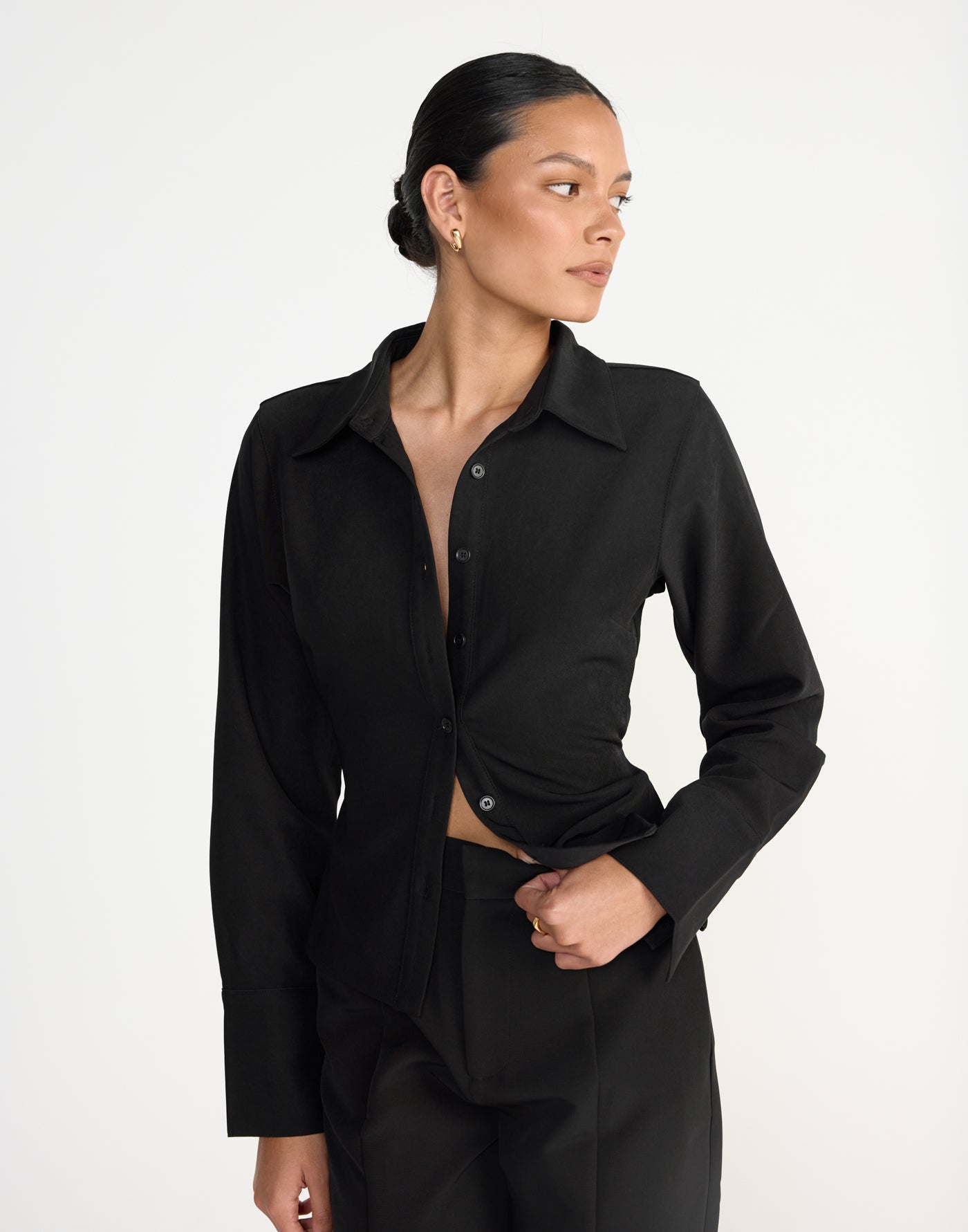 Alice Shirt (Black) | CHARCOAL Exclusive - Fitted Button Up Shirt Adjustable Waist Tie - Women's Top - Charcoal Clothing