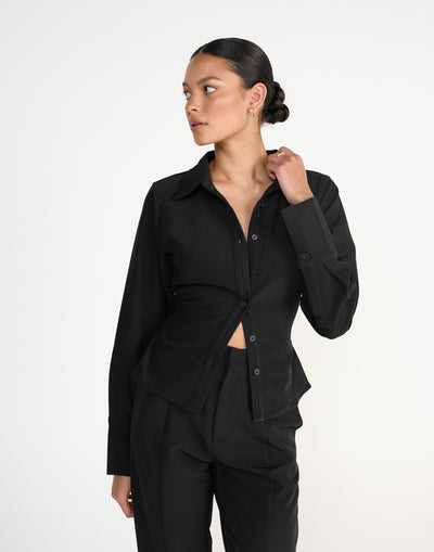 Alice Shirt (Black) | CHARCOAL Exclusive - Fitted Button Up Shirt Adjustable Waist Tie - Women's Top - Charcoal Clothing