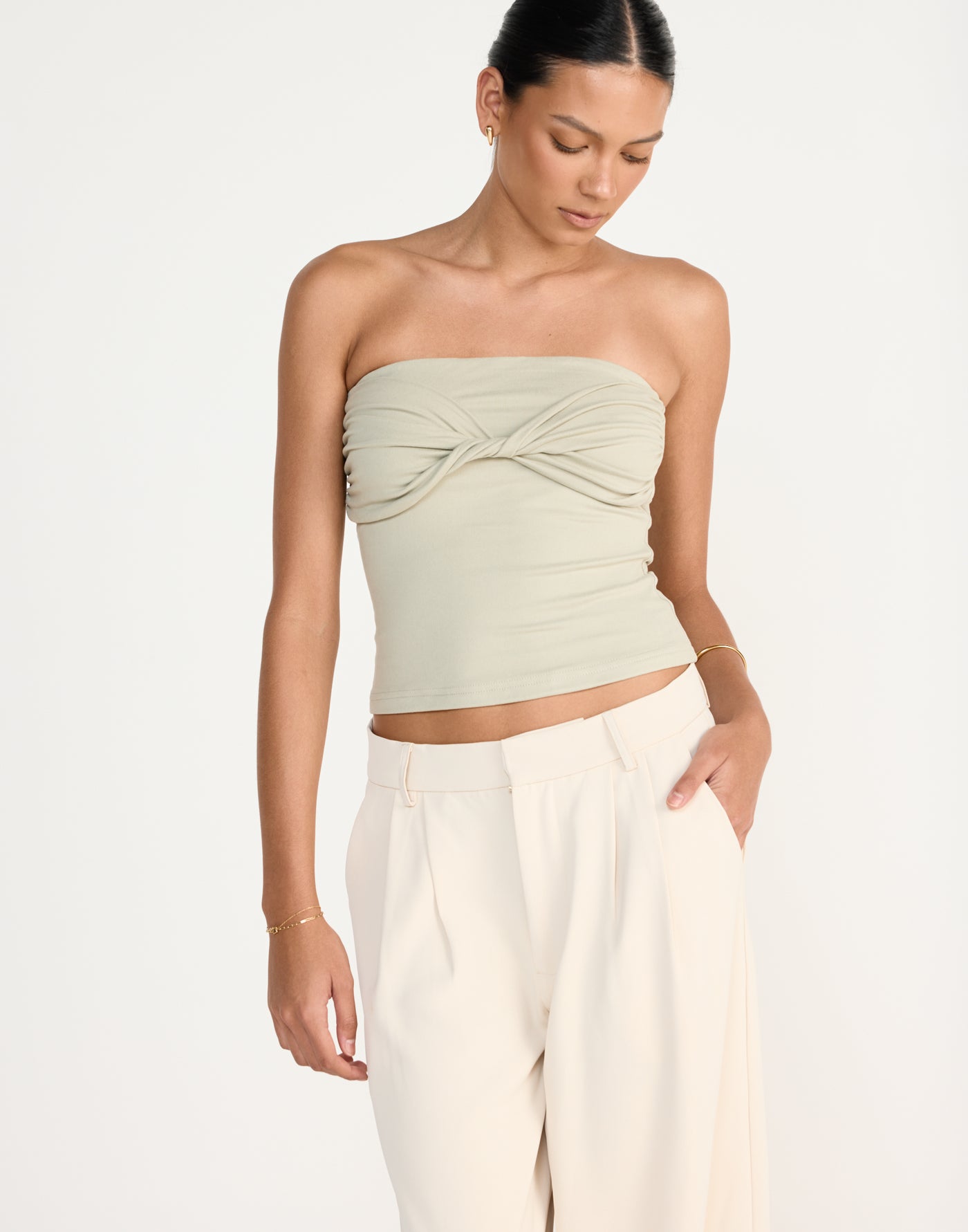 Breeze Top (Seagrass) - CHARCOAL EXCLUSIVE - Twist Front Strapless Top Jersey Fabrication - Women's Top - Charcoal Clothing