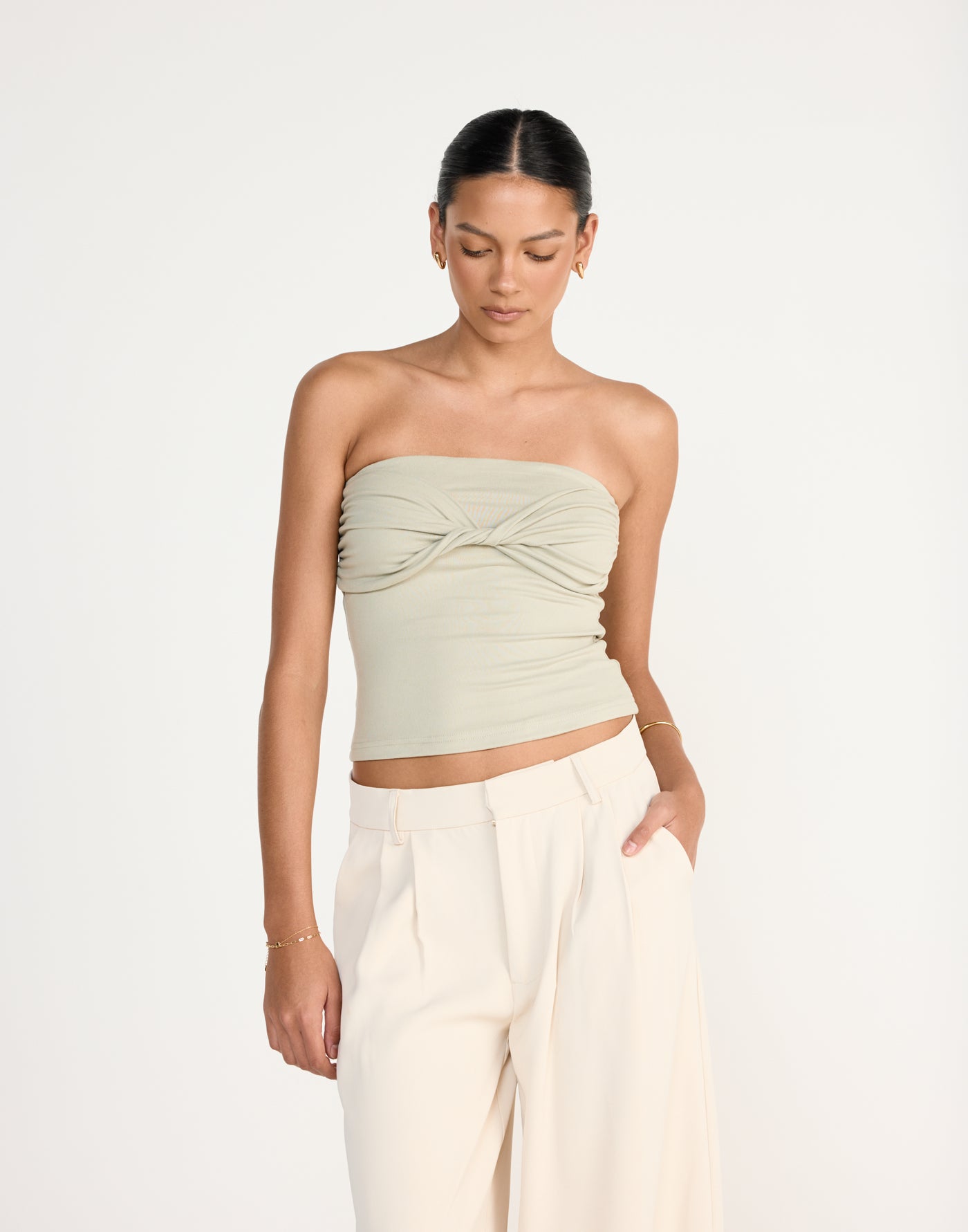 Breeze Top (Seagrass) - CHARCOAL EXCLUSIVE - Twist Front Strapless Top Jersey Fabrication - Women's Top - Charcoal Clothing