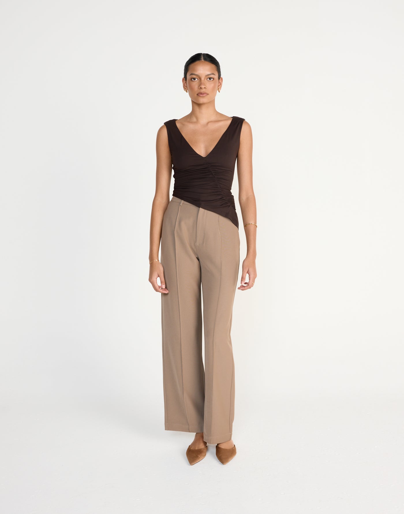 Viola Top (Chocolate) | CHARCOAL Exclusive - Low V-neck Ruched Longline Top - Women's Top - Charcoal Clothing