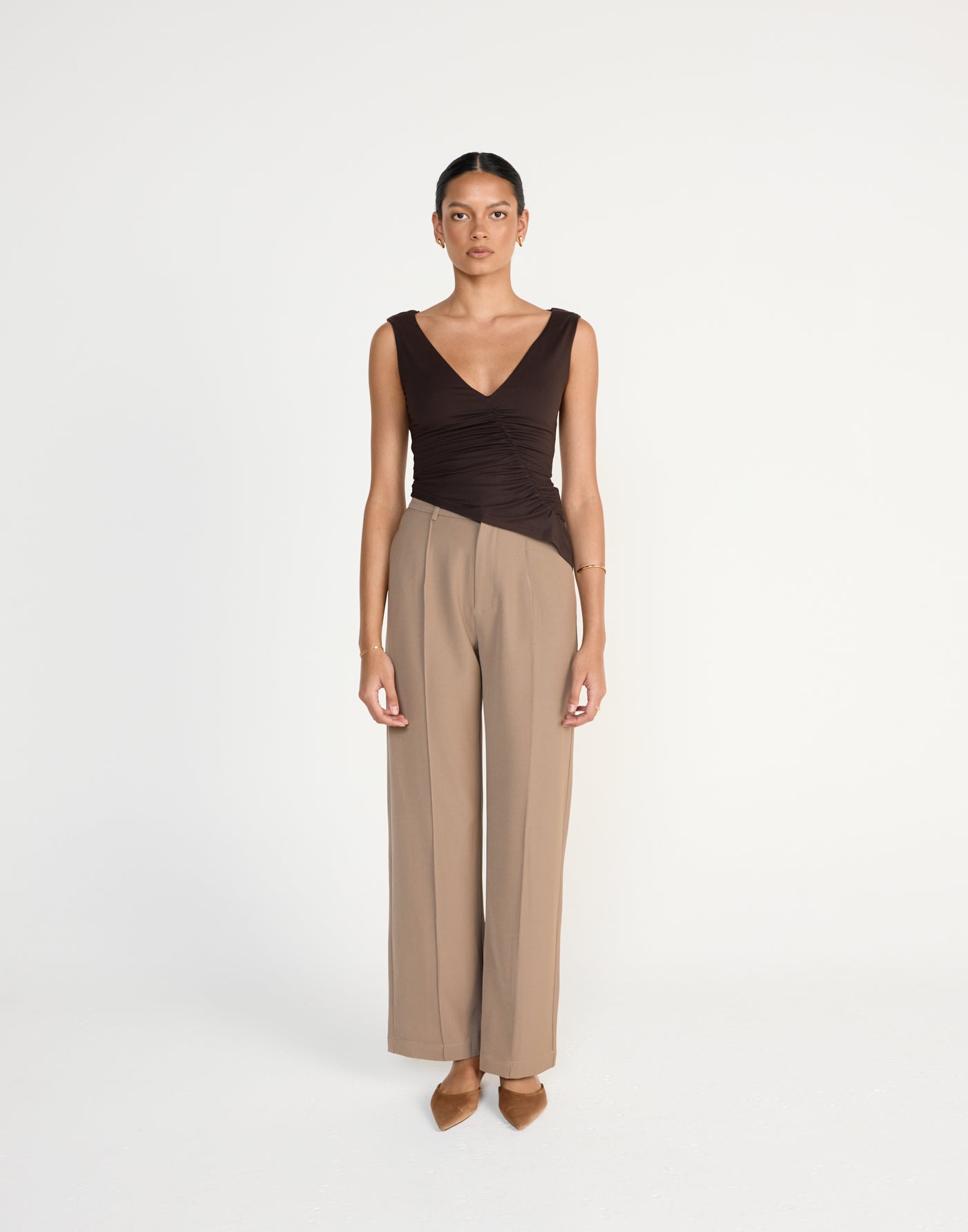 Viola Top (Chocolate) | CHARCOAL Exclusive - Low V-neck Ruched Longline Top - Women's Top - Charcoal Clothing