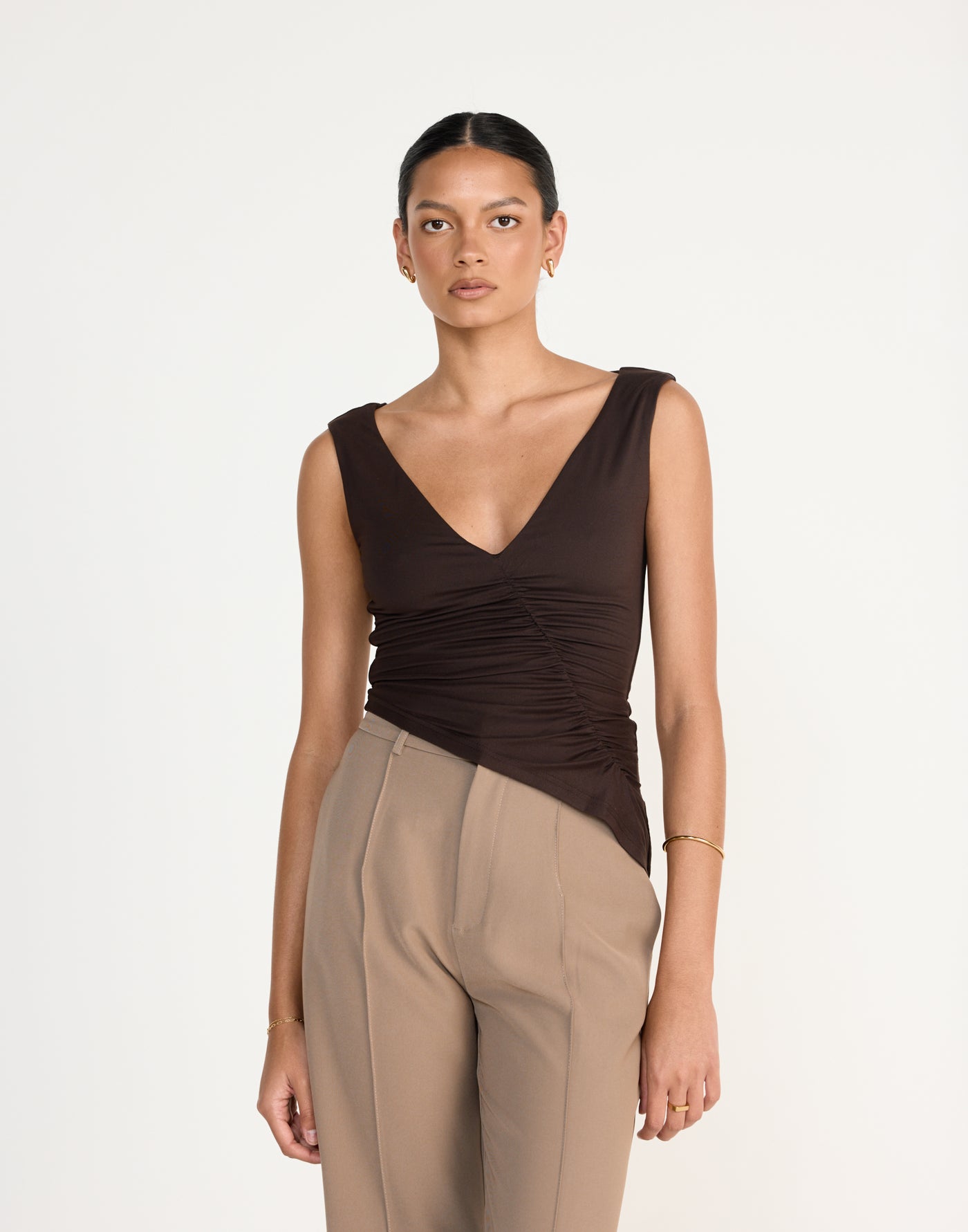 Viola Top (Chocolate) | CHARCOAL Exclusive - Low V-neck Ruched Longline Top - Women's Top - Charcoal Clothing