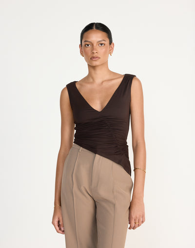Viola Top (Chocolate) | CHARCOAL Exclusive - Low V-neck Ruched Longline Top - Women's Top - Charcoal Clothing