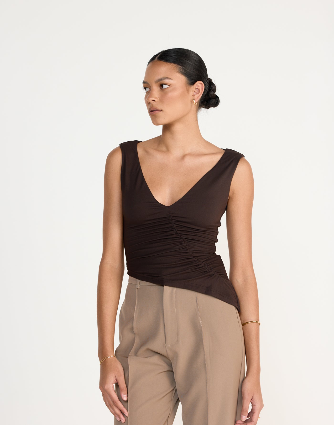 Viola Top (Chocolate) | CHARCOAL Exclusive - Low V-neck Ruched Longline Top - Women's Top - Charcoal Clothing