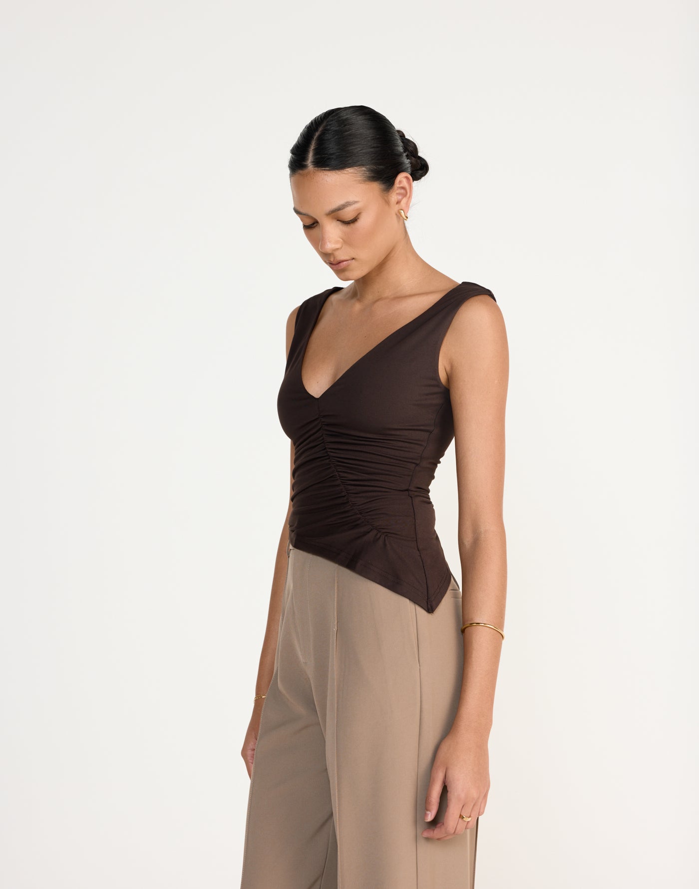 Viola Top (Chocolate) | CHARCOAL Exclusive - Low V-neck Ruched Longline Top - Women's Top - Charcoal Clothing