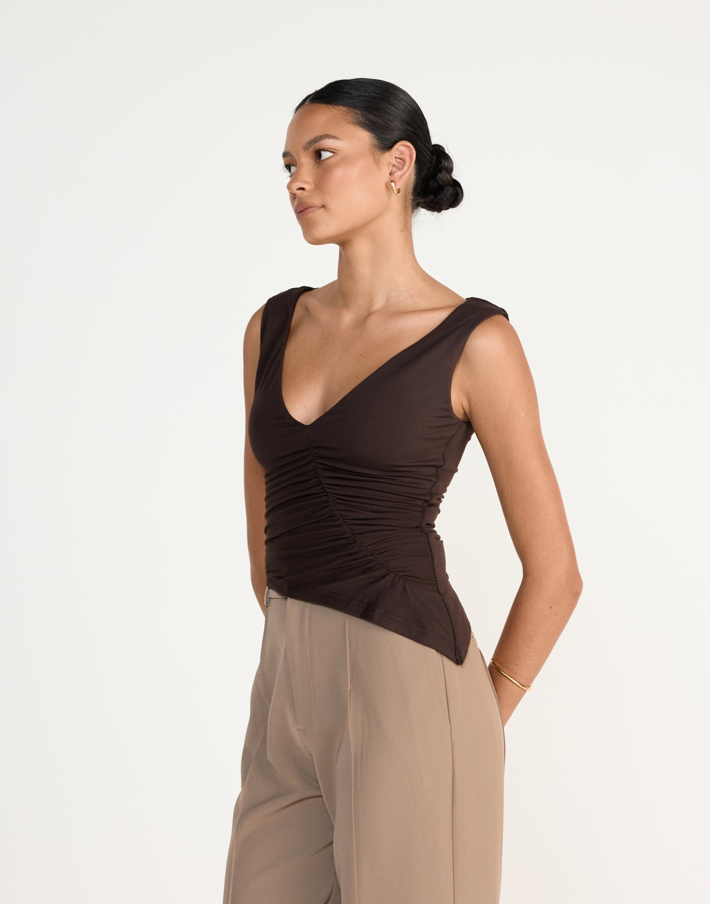 Viola Top (Chocolate) | CHARCOAL Exclusive - Low V-neck Ruched Longline Top - Women's Top - Charcoal Clothing