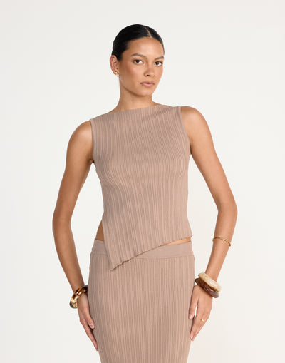 Kienna Top (Mushroom) - Asymmetrical Hem High Boat Neck Ribbed Top - Women's Top - Charcoal Clothing
