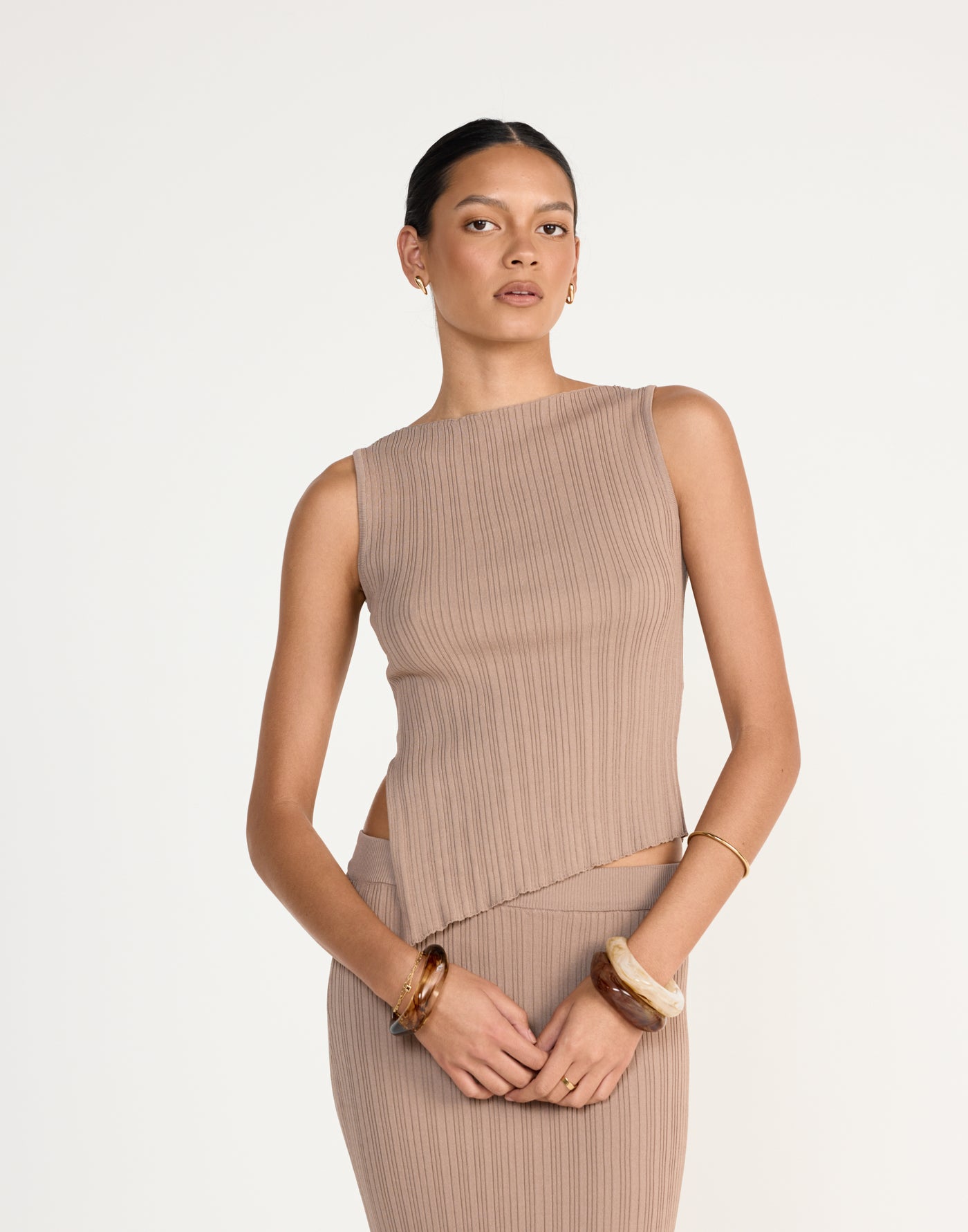 Kienna Top (Mushroom) - Asymmetrical Hem High Boat Neck Ribbed Top - Women's Top - Charcoal Clothing
