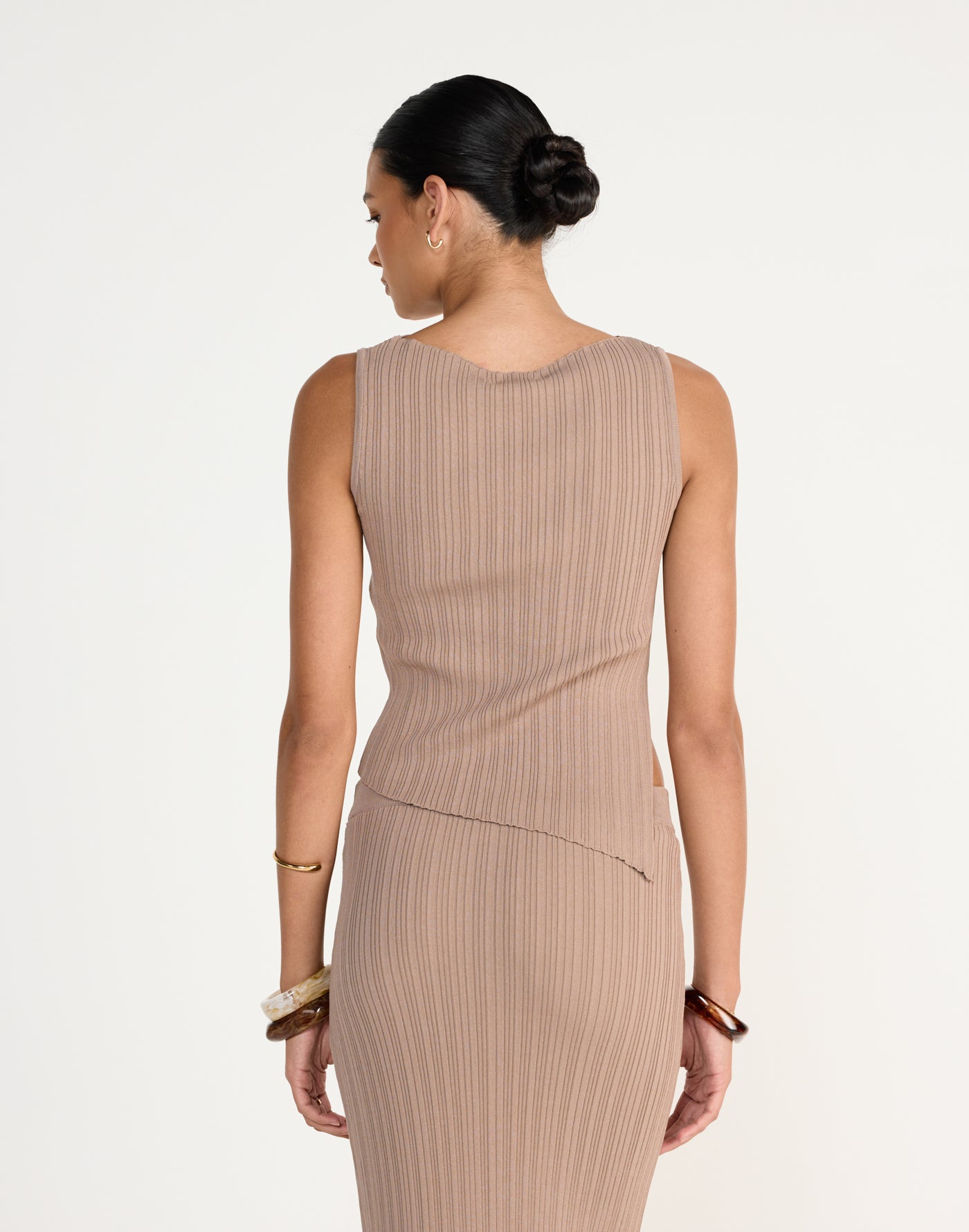 Kienna Top (Mushroom) - Asymmetrical Hem High Boat Neck Ribbed Top - Women's Top - Charcoal Clothing