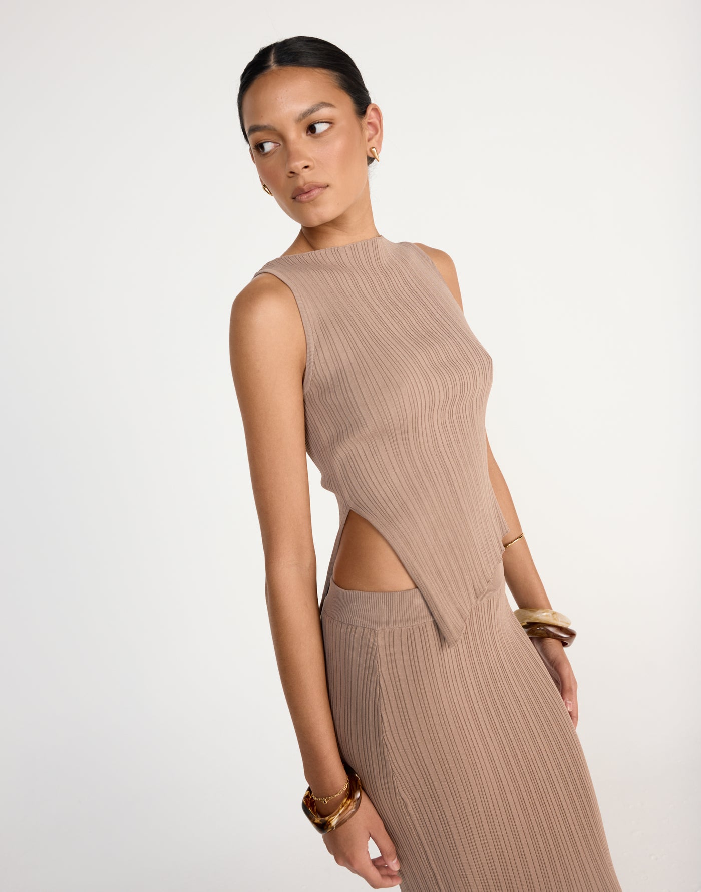 Kienna Top (Mushroom) - Asymmetrical Hem High Boat Neck Ribbed Top - Women's Top - Charcoal Clothing