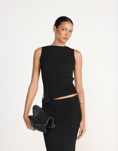 Kienna Top (Black) - Asymmetrical Ribbed Sleeveless Top - Women's Top - Charcoal Clothing