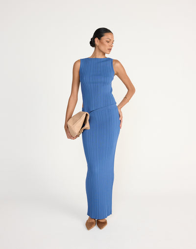 Kienna Top (Sapphire) | CHARCOAL Exclusive - Ribbed Detail Boat Neck Asymmetrical Neckline Top - Women's Top - Charcoal Clothing