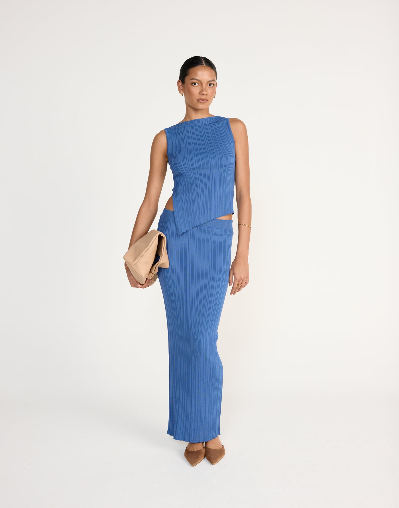 Kienna Top (Sapphire) | CHARCOAL Exclusive - Ribbed Detail Boat Neck Asymmetrical Neckline Top - Women's Top - Charcoal Clothing