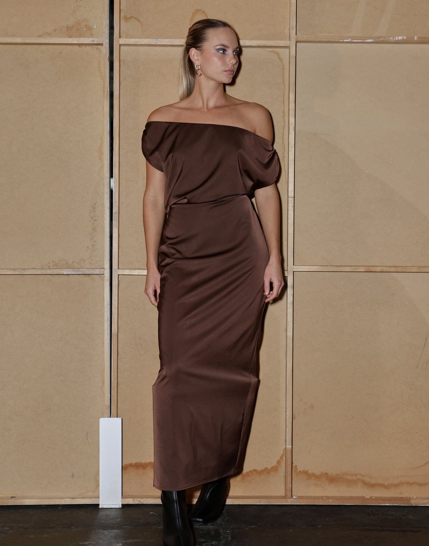 Viviana Maxi Dress (Cocoa) - Brown One Shoulder Silky Maxi Dress - Women's Dress - Charcoal Clothing