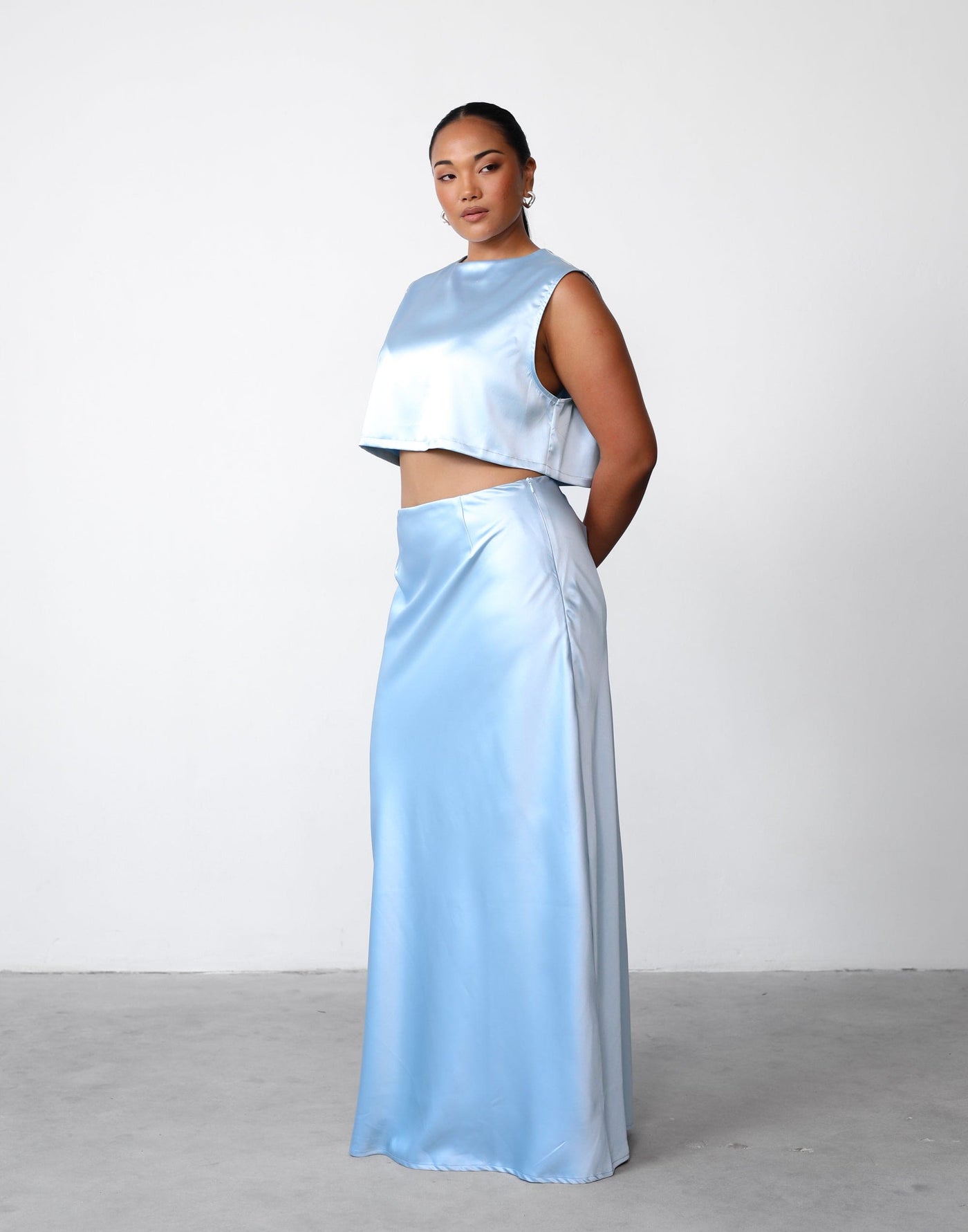 Sincerity Crop Top (Ice Blue) | Charcoal Clothing Exclusive - Satin Sleeveless Open Back Crop Top - Women's Top - Charcoal Clothing