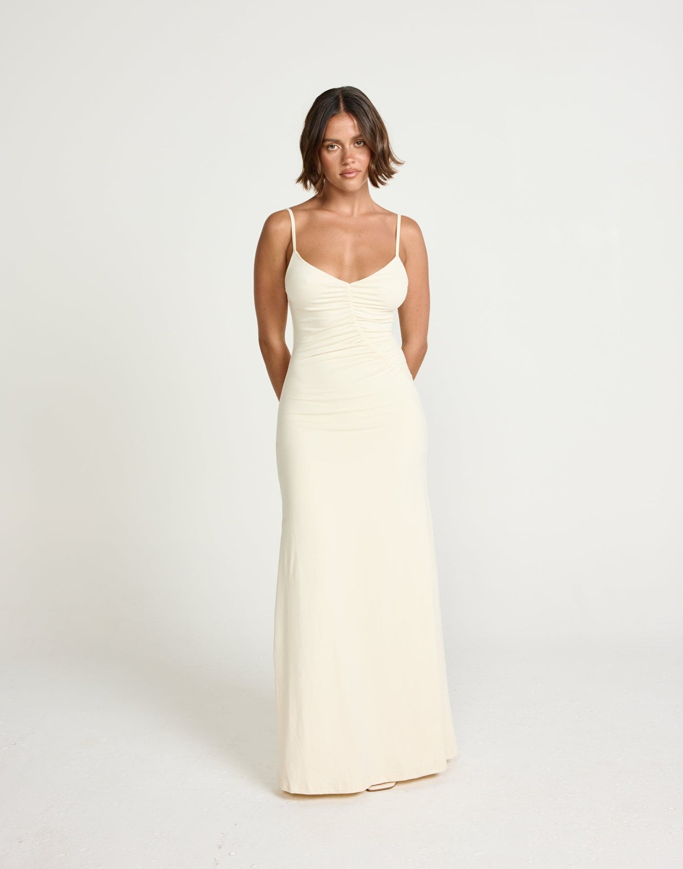 Broken Hearts Maxi Dress (Oat) | CHARCOAL Exclusive - Diagonal Ruched Detail Jersey Maxi - Women's Dress - Charcoal Clothing