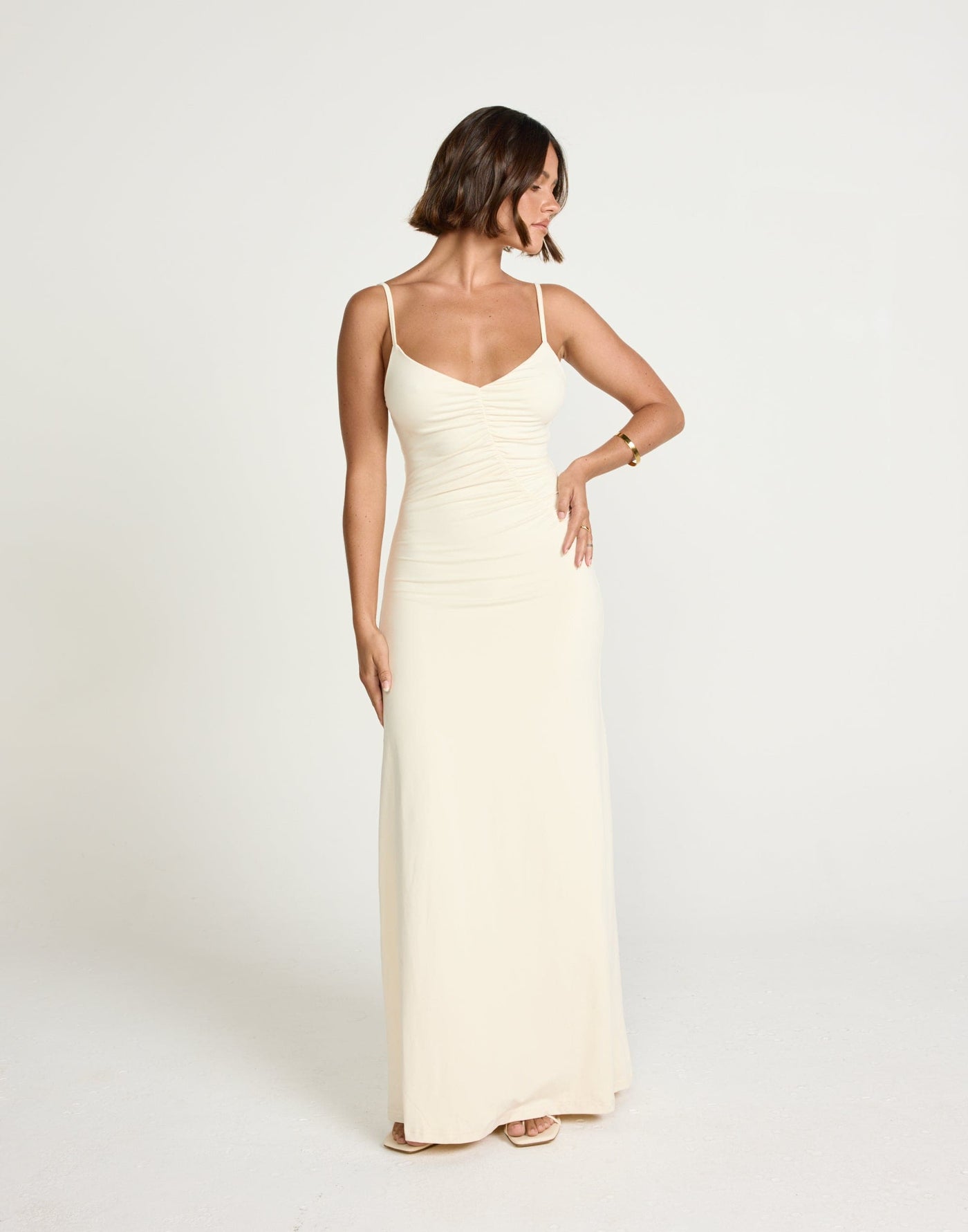 Broken Hearts Maxi Dress (Oat) | CHARCOAL Exclusive - Diagonal Ruched Detail Jersey Maxi - Women's Dress - Charcoal Clothing