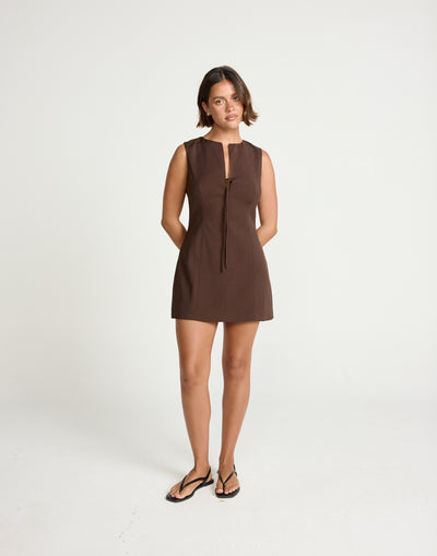 Caisey Mini Dress (Chocolate) | CHARCOAL Exclusive - Tie Front Detail Mini Dress - Women's Dress - Charcoal Clothing