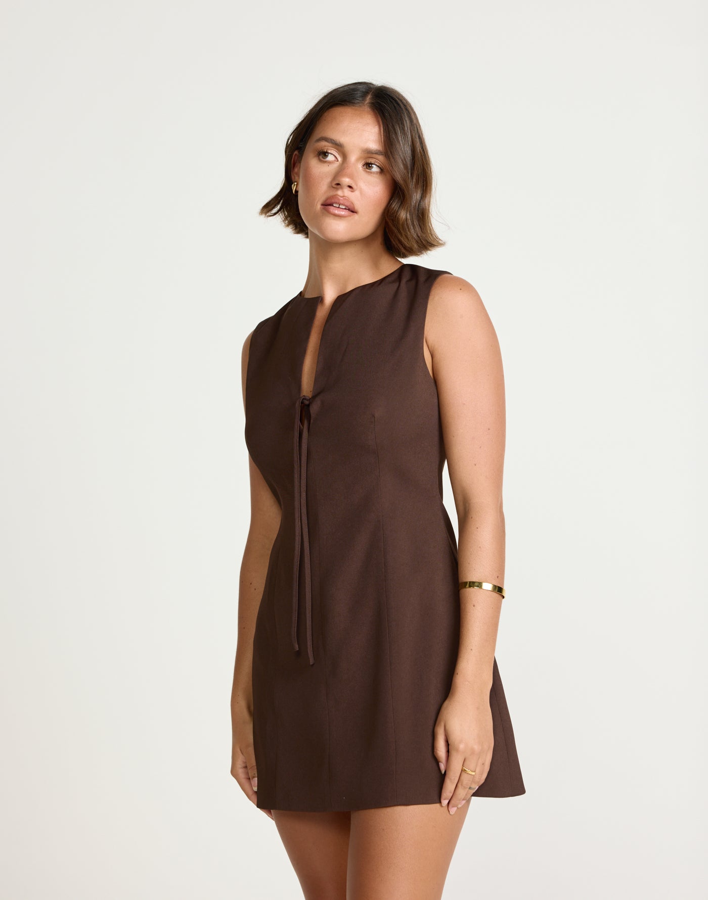 Caisey Mini Dress (Chocolate) | CHARCOAL Exclusive - Tie Front Detail Mini Dress - Women's Dress - Charcoal Clothing