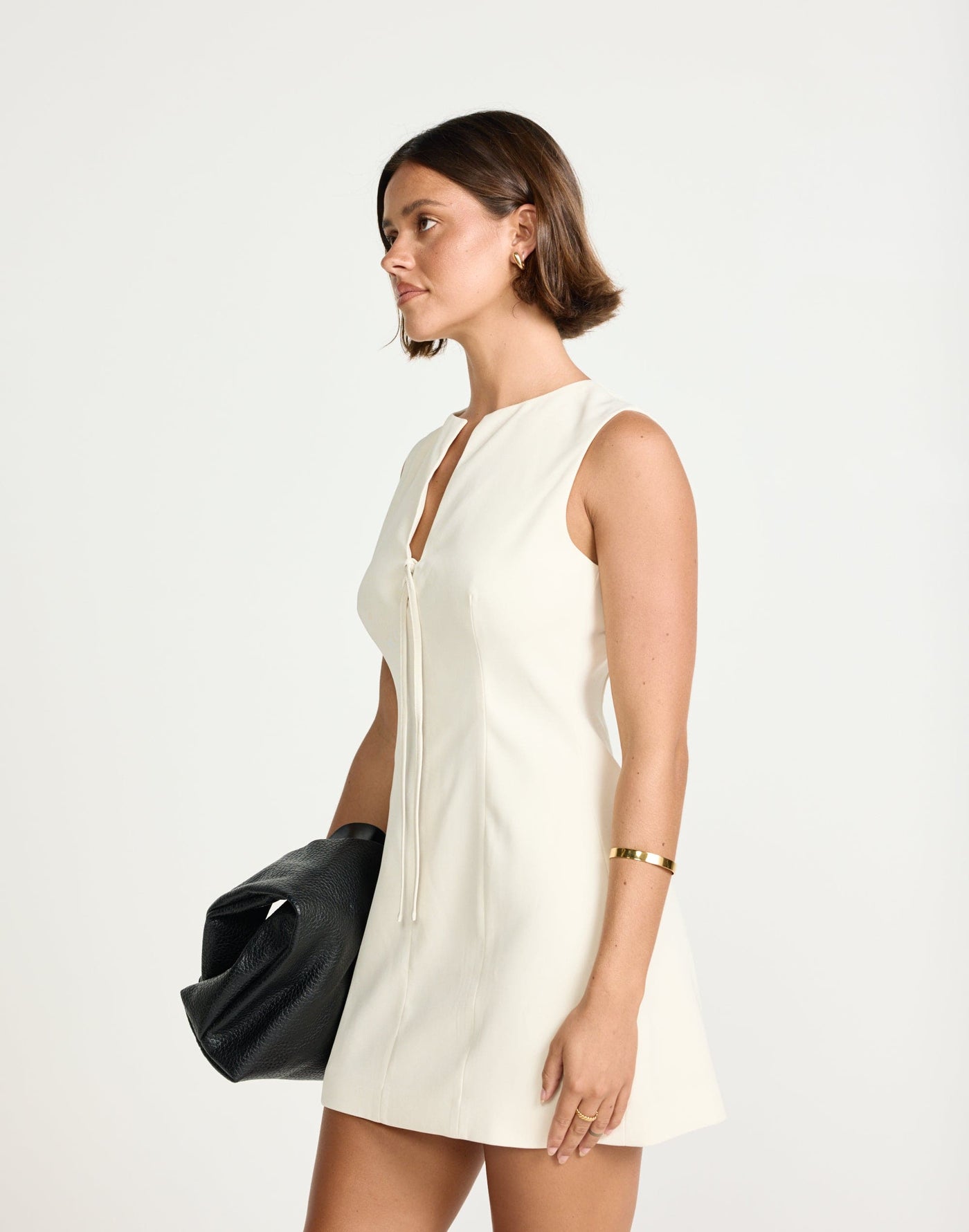 Caisey Mini Dress (Oat) | CHARCOAL Exclusive - Tie Front Detail Mini Dress - Women's Dress - Charcoal Clothing