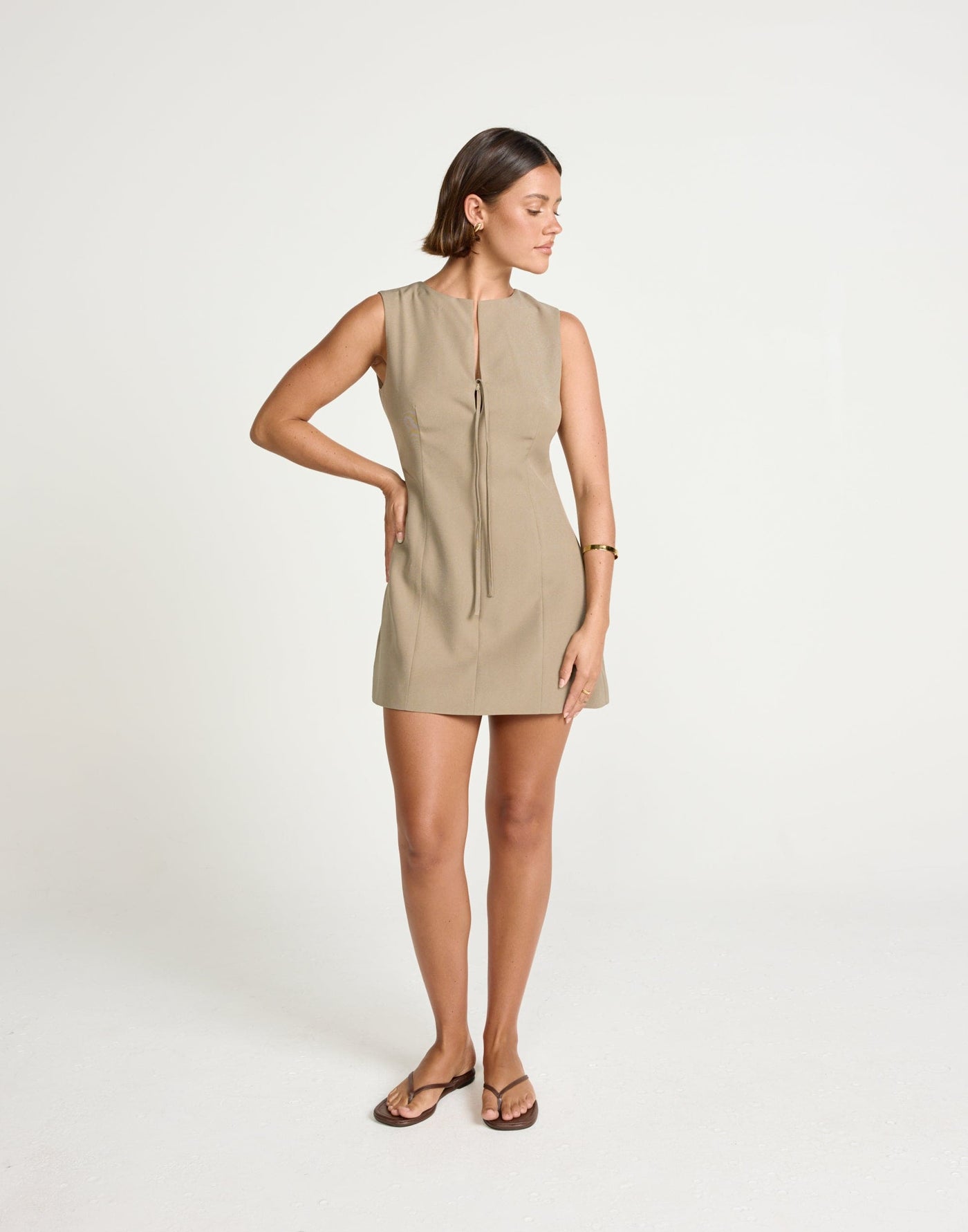 Caisey Mini Dress (Stone) | CHARCOAL Exclusive - Tie Front Detail Mini Dress - Women's Dress - Charcoal Clothing