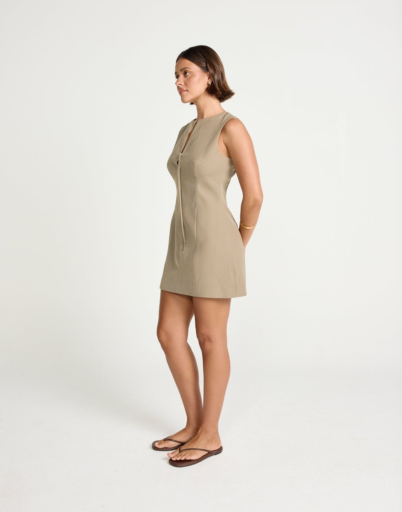 Caisey Mini Dress (Stone) | CHARCOAL Exclusive - Tie Front Detail Mini Dress - Women's Dress - Charcoal Clothing