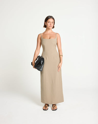 Alistair Maxi Dress (Stone) | CHARCOAL Exclusive - Contrast Detail Suiting Maxi Dress - Women's Dress - Charcoal Clothing