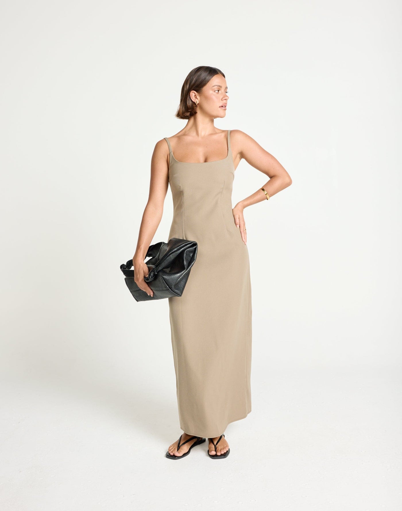 Alistair Maxi Dress (Stone) | CHARCOAL Exclusive - Contrast Detail Suiting Maxi Dress - Women's Dress - Charcoal Clothing